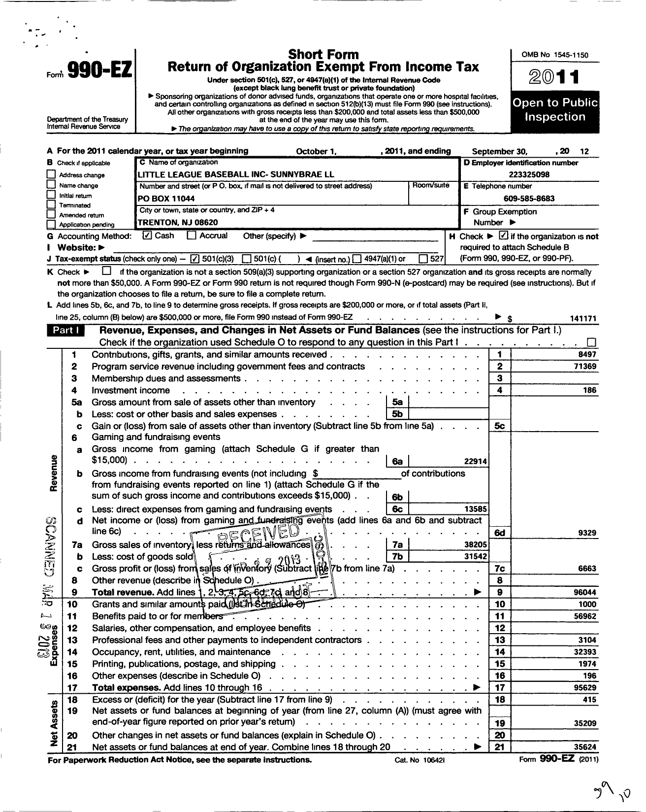 Image of first page of 2011 Form 990EZ for Little League Baseball - 2301201 Sunnybrae LL