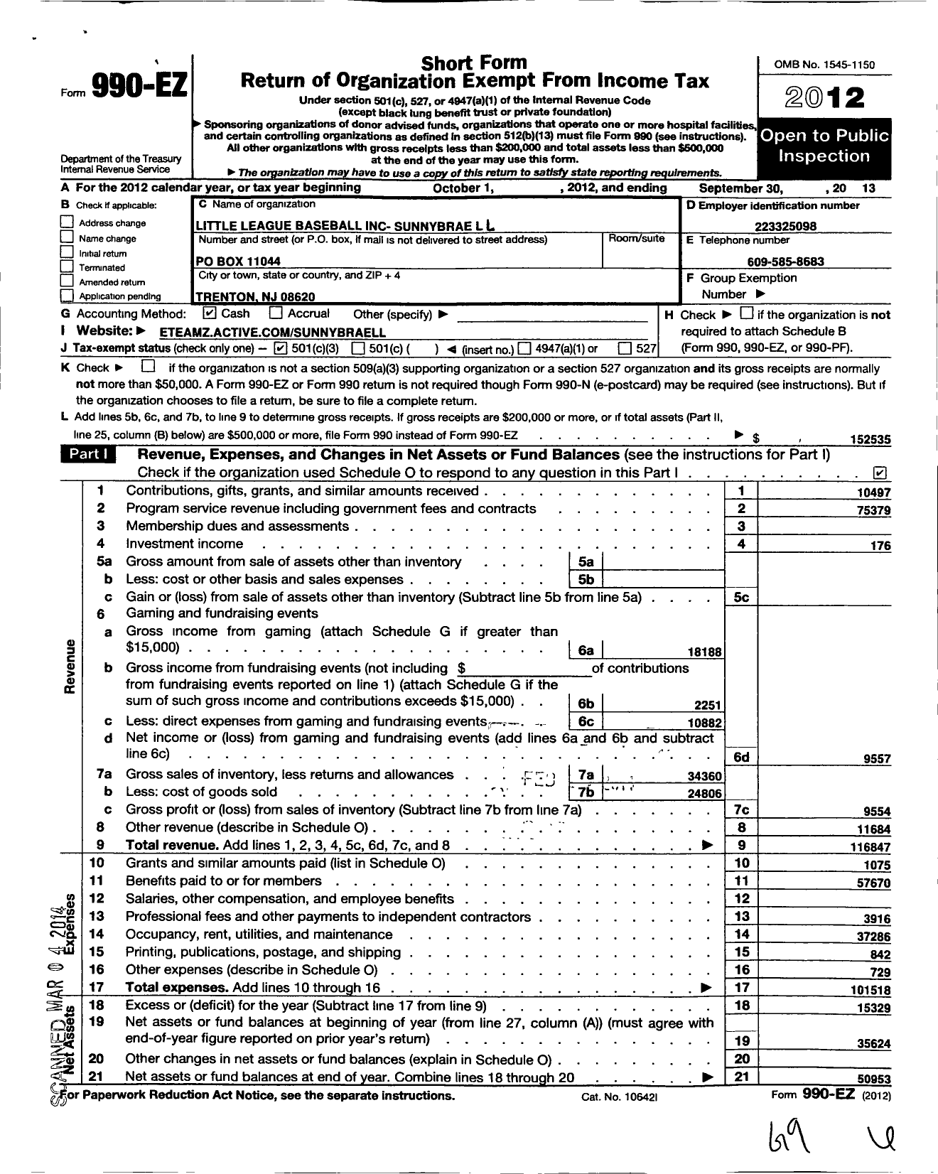 Image of first page of 2012 Form 990EZ for Little League Baseball - 2301201 Sunnybrae LL