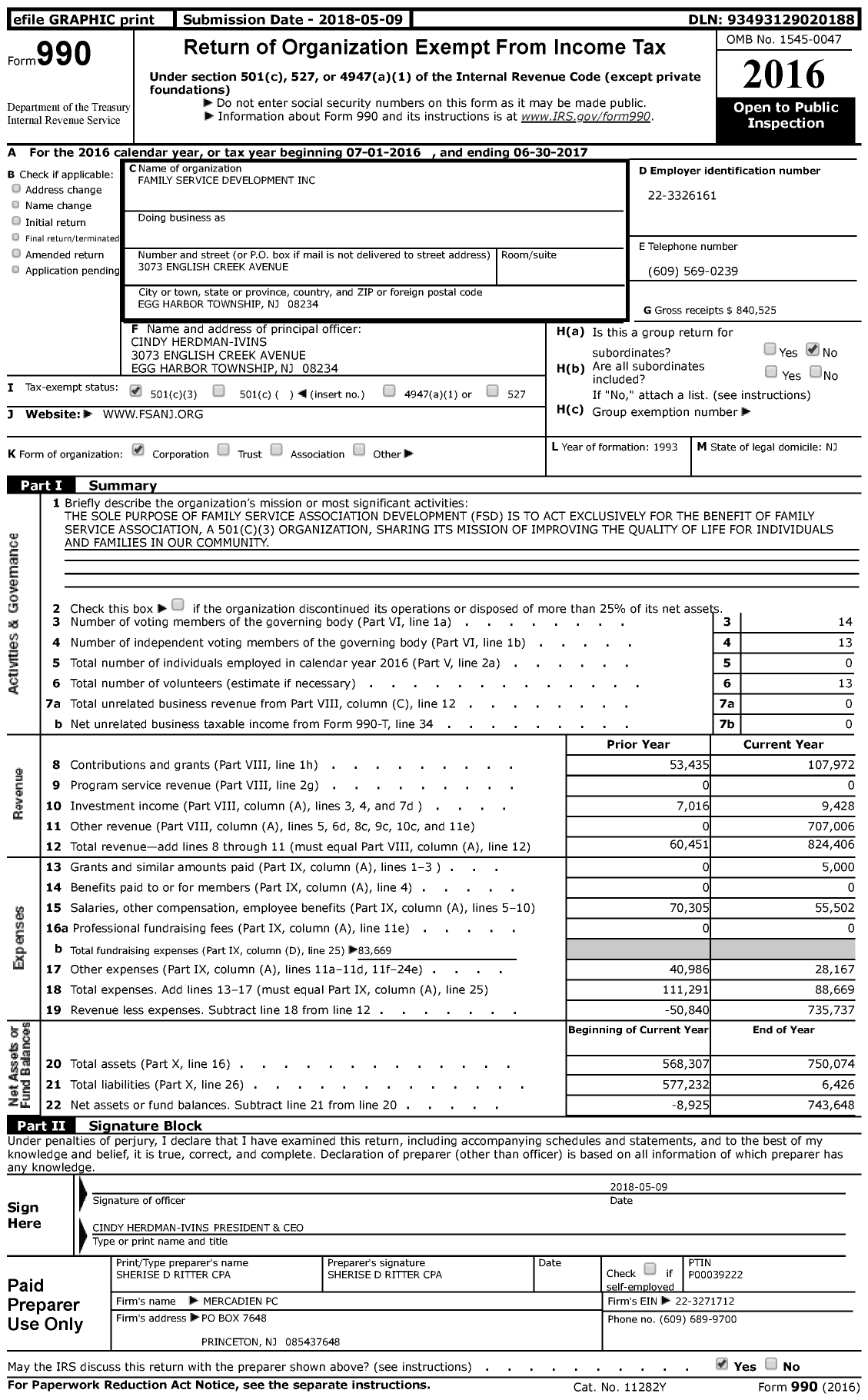 Image of first page of 2016 Form 990 for Family Service Development