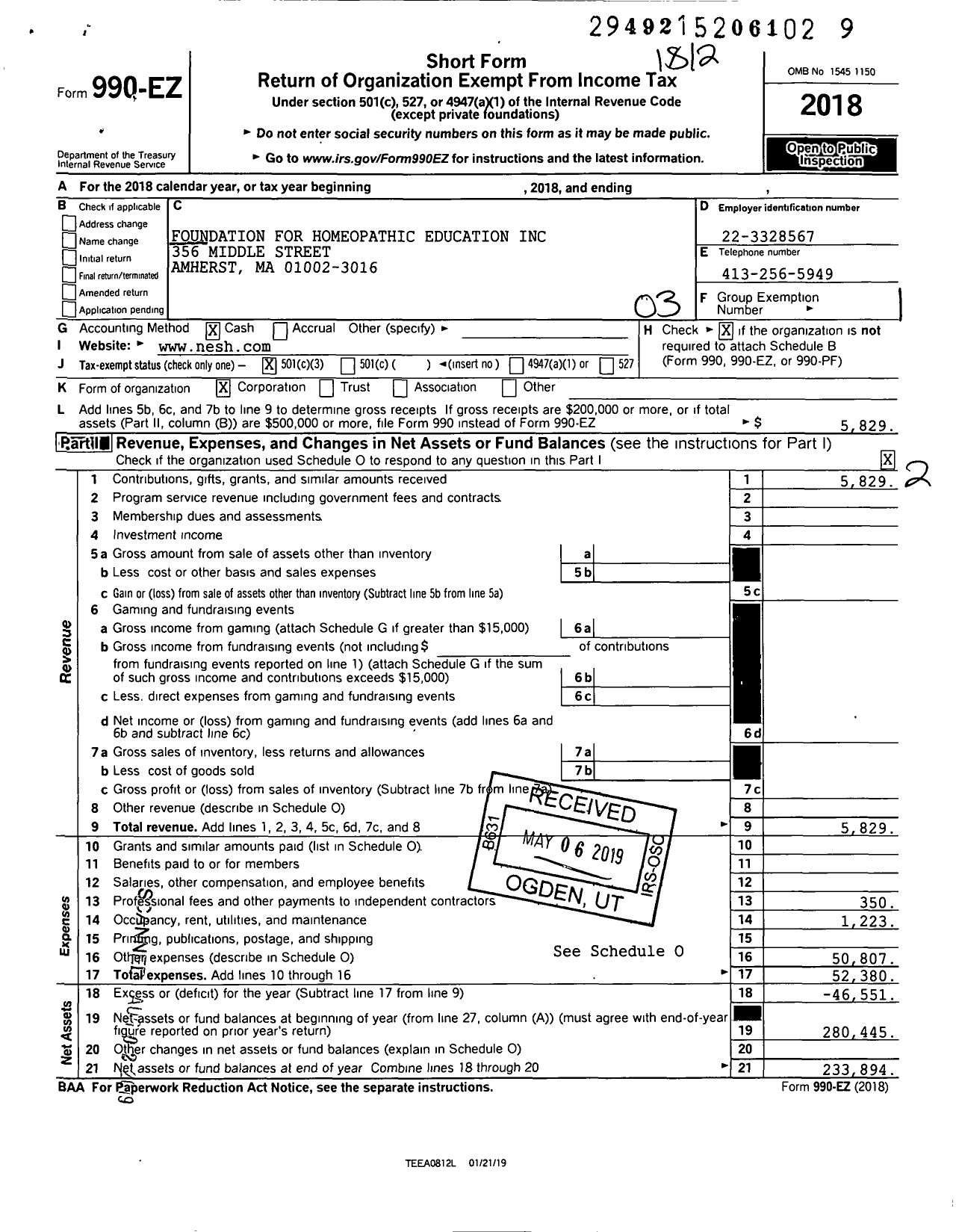 Image of first page of 2018 Form 990EZ for Foundation for Homeopathic Education