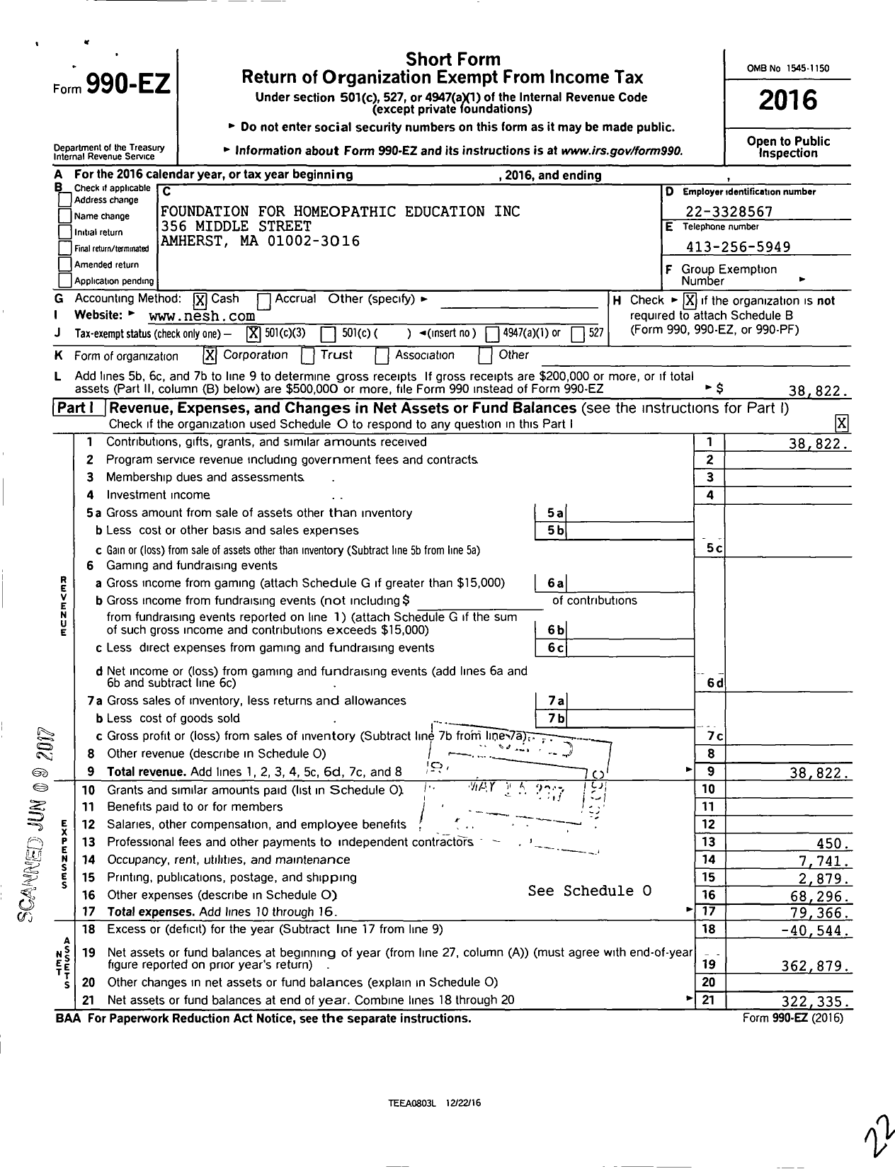 Image of first page of 2016 Form 990EZ for Foundation for Homeopathic Education