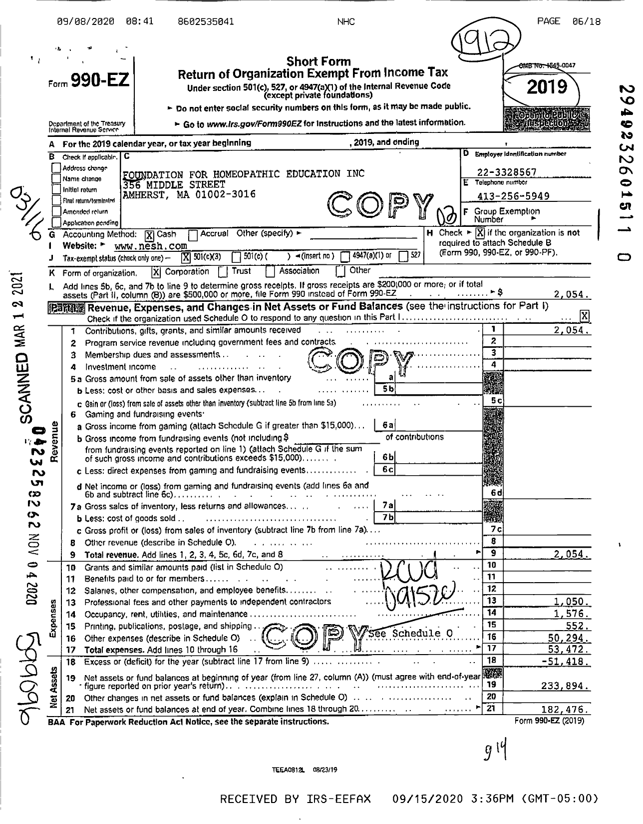 Image of first page of 2019 Form 990EZ for Foundation for Homeopathic Education