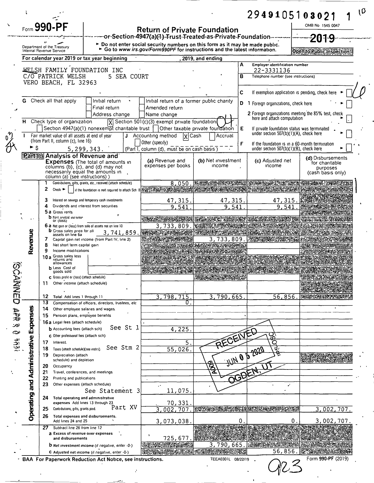 Image of first page of 2019 Form 990PF for Welsh Family Foundation