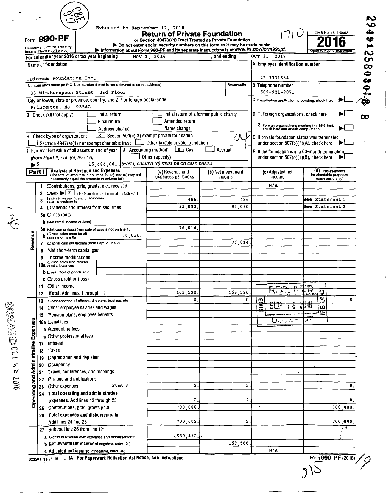 Image of first page of 2016 Form 990PF for Sierra Foundation