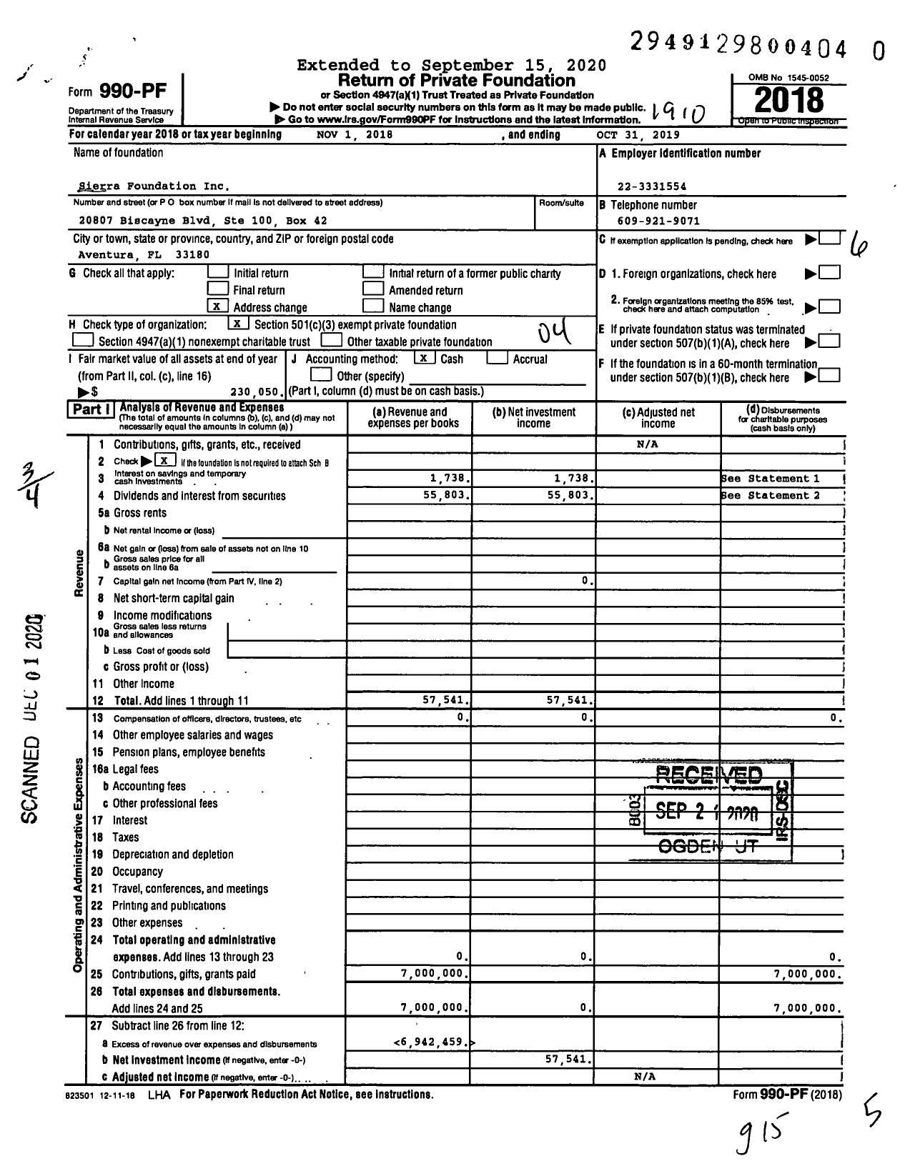 Image of first page of 2018 Form 990PF for Sierra Foundation