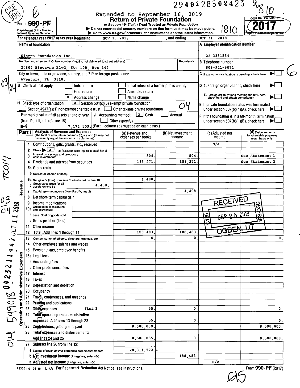 Image of first page of 2017 Form 990PF for Sierra Foundation