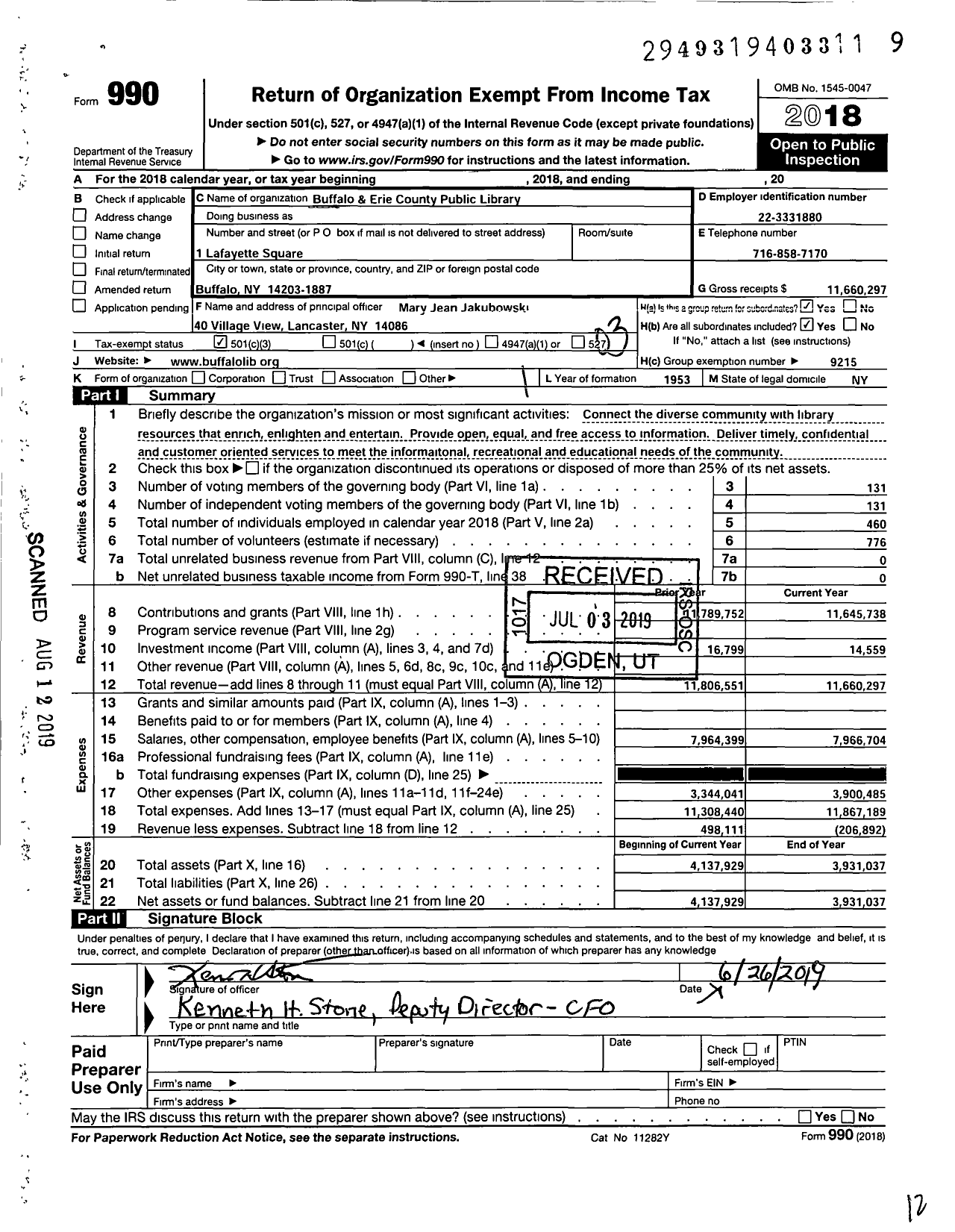 Image of first page of 2018 Form 990 for Buffalo and Erie County Public Library / Group Return