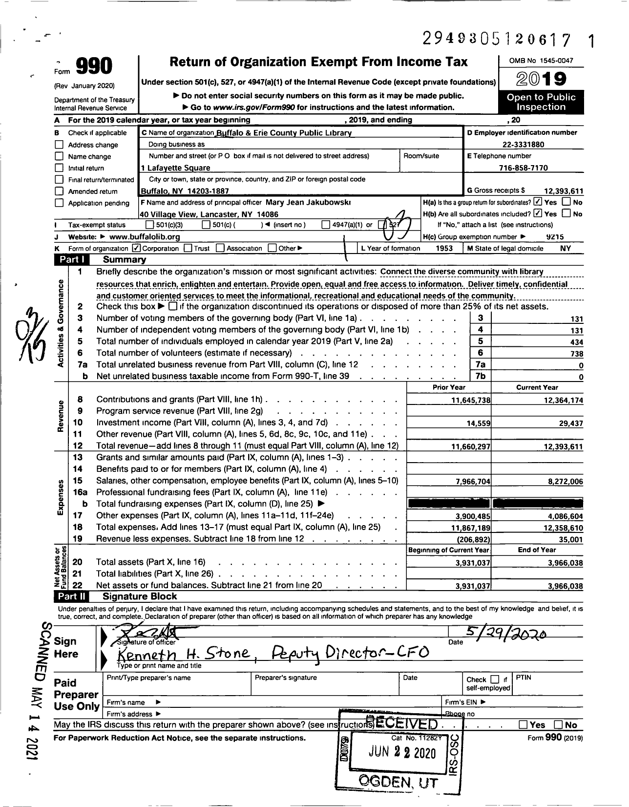 Image of first page of 2019 Form 990 for Buffalo and Erie County Public Library / Group Return