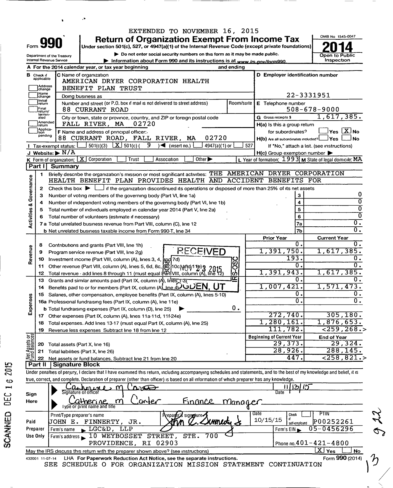 Image of first page of 2014 Form 990O for American Dryer Corporation Employee Benefit Plan