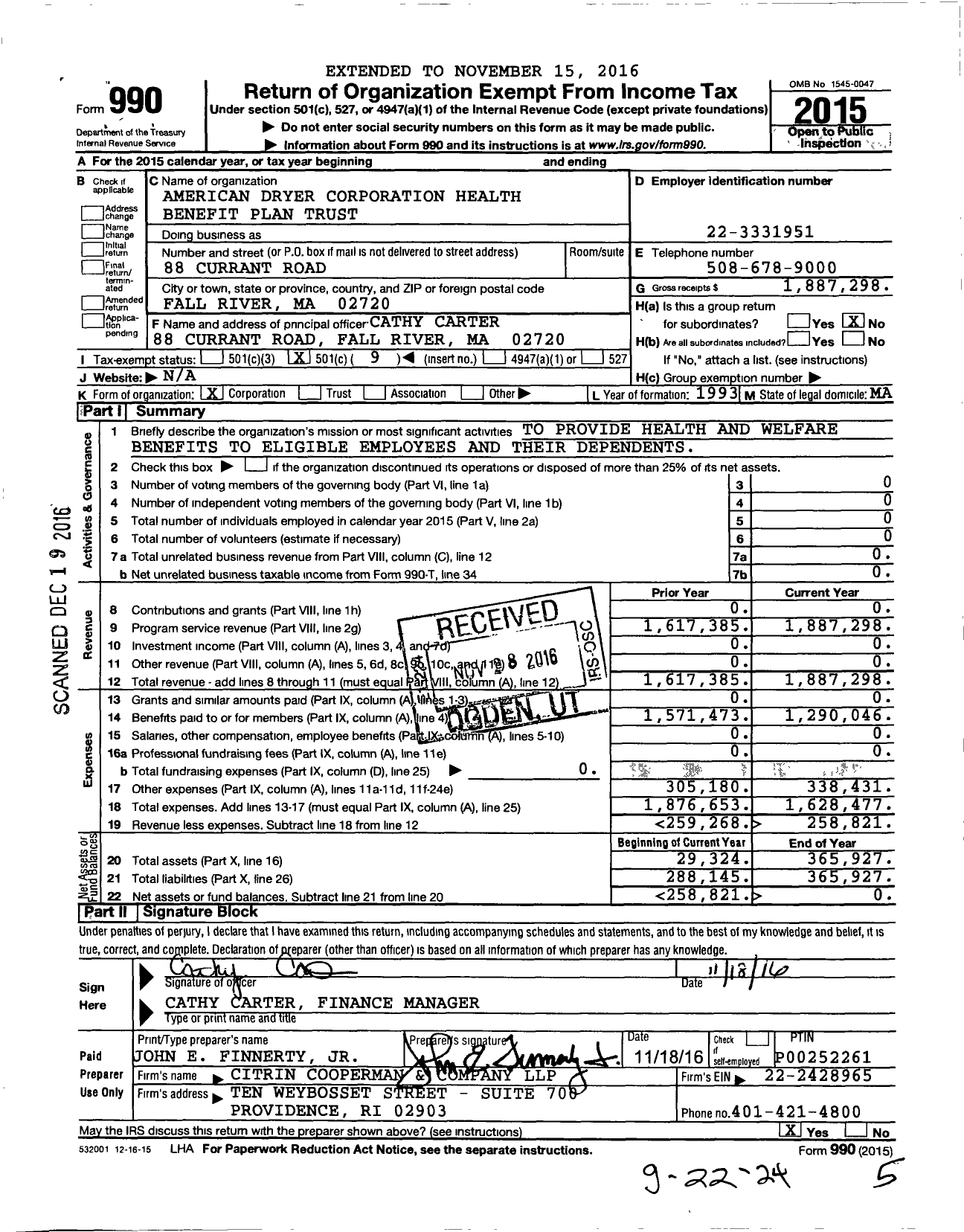 Image of first page of 2015 Form 990O for American Dryer Corporation Employee Benefit Plan