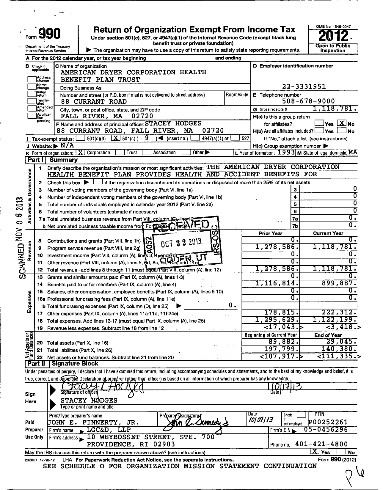 Image of first page of 2012 Form 990O for American Dryer Corporation Employee Benefit Plan