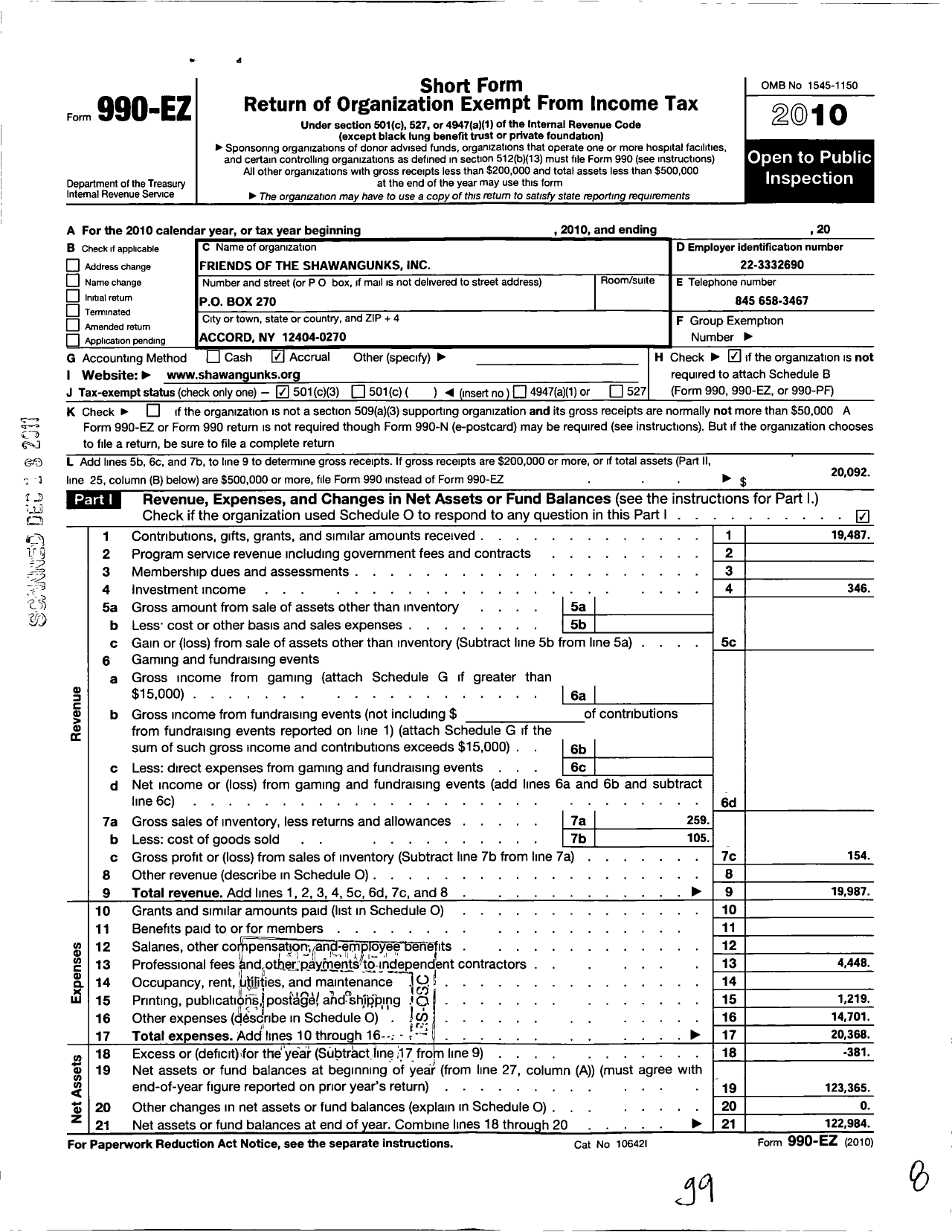 Image of first page of 2010 Form 990EZ for Friends of the Shawangunks