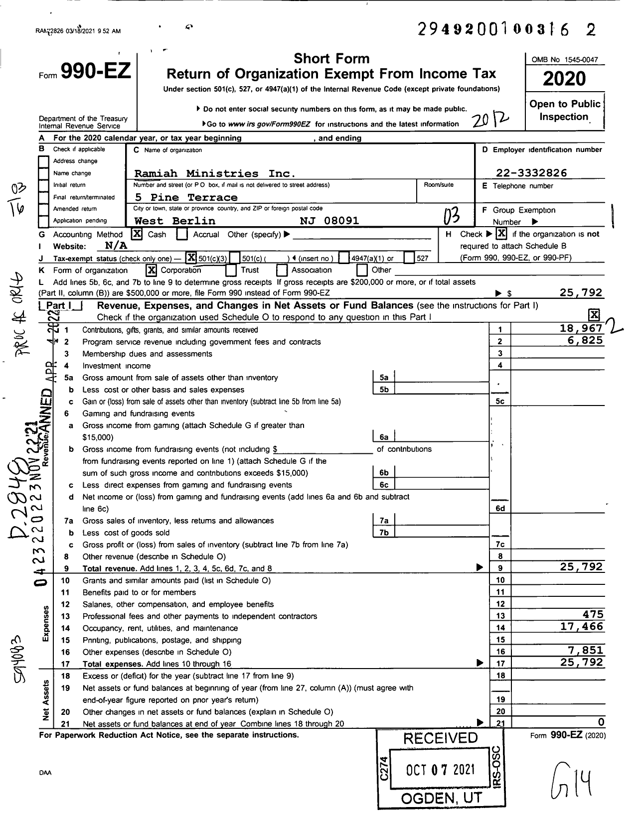 Image of first page of 2020 Form 990EZ for Ramiah Ministries