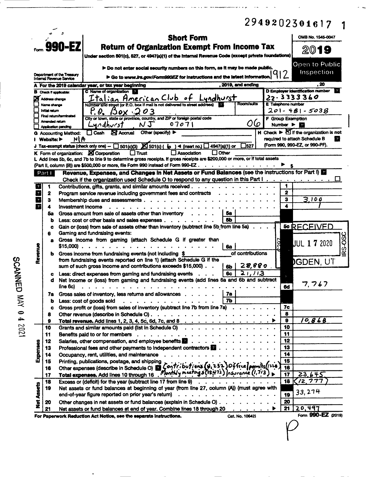 Image of first page of 2019 Form 990EO for Italian American Club of Lyndhurst