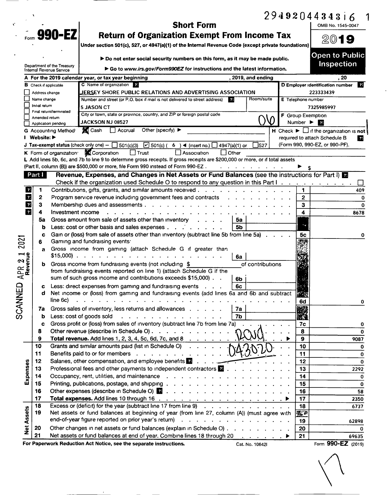 Image of first page of 2019 Form 990EO for Jersey Shore Public Relations and Advertising Association