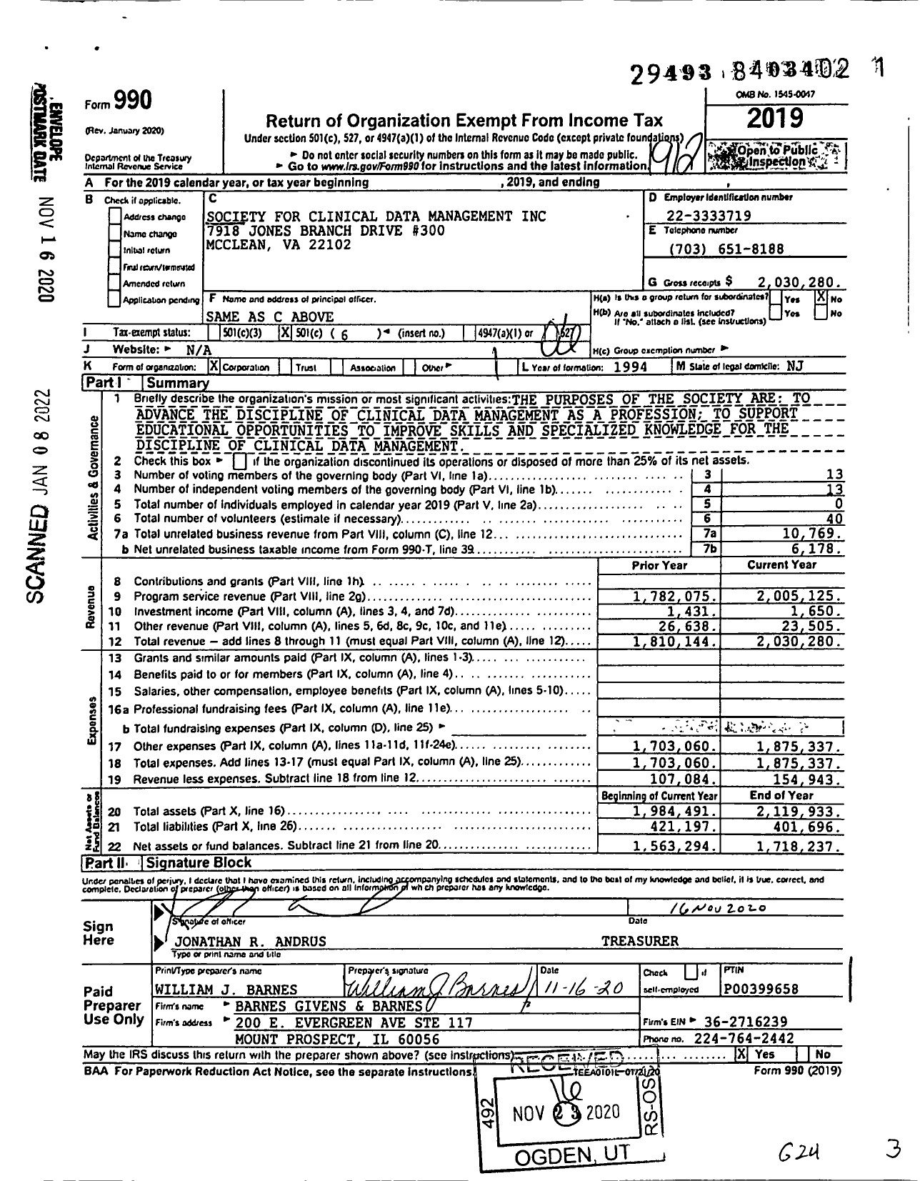 Image of first page of 2019 Form 990O for Society for Clinical Data Management (SCDM)