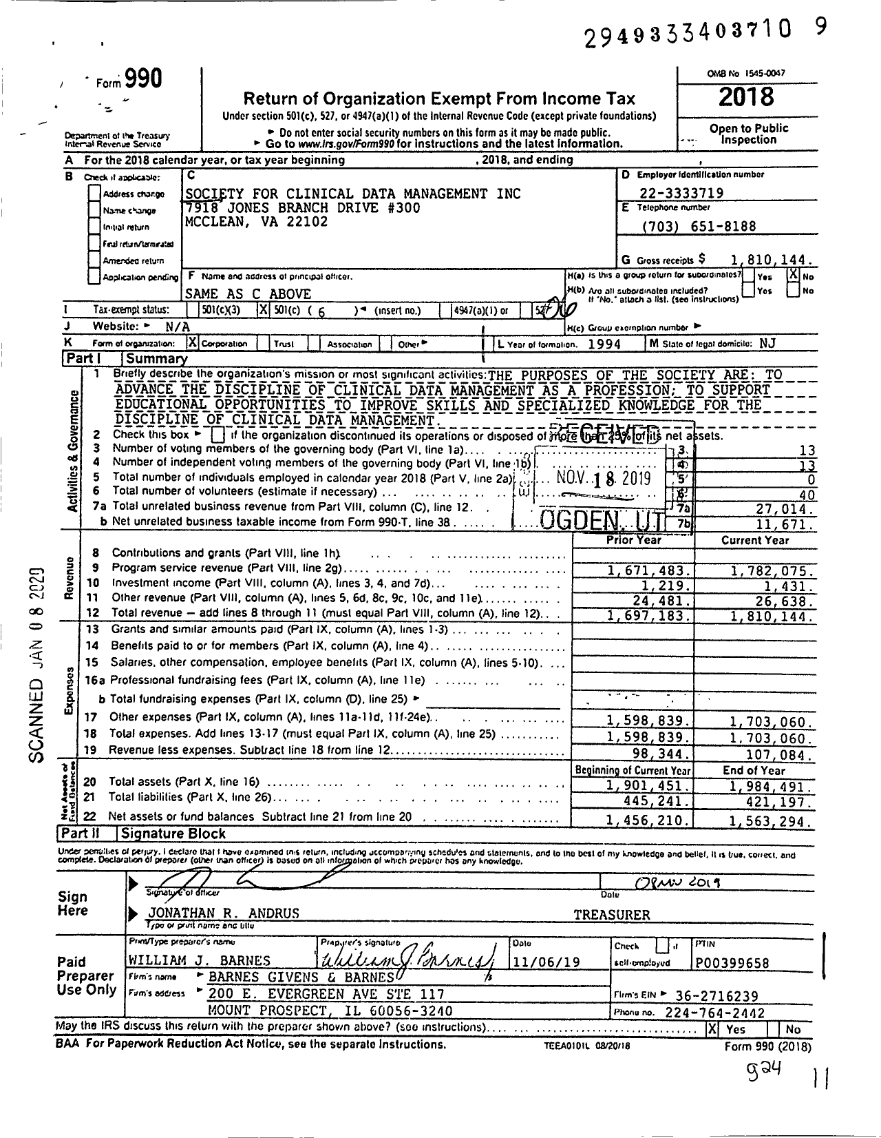 Image of first page of 2018 Form 990O for Society for Clinical Data Management (SCDM)