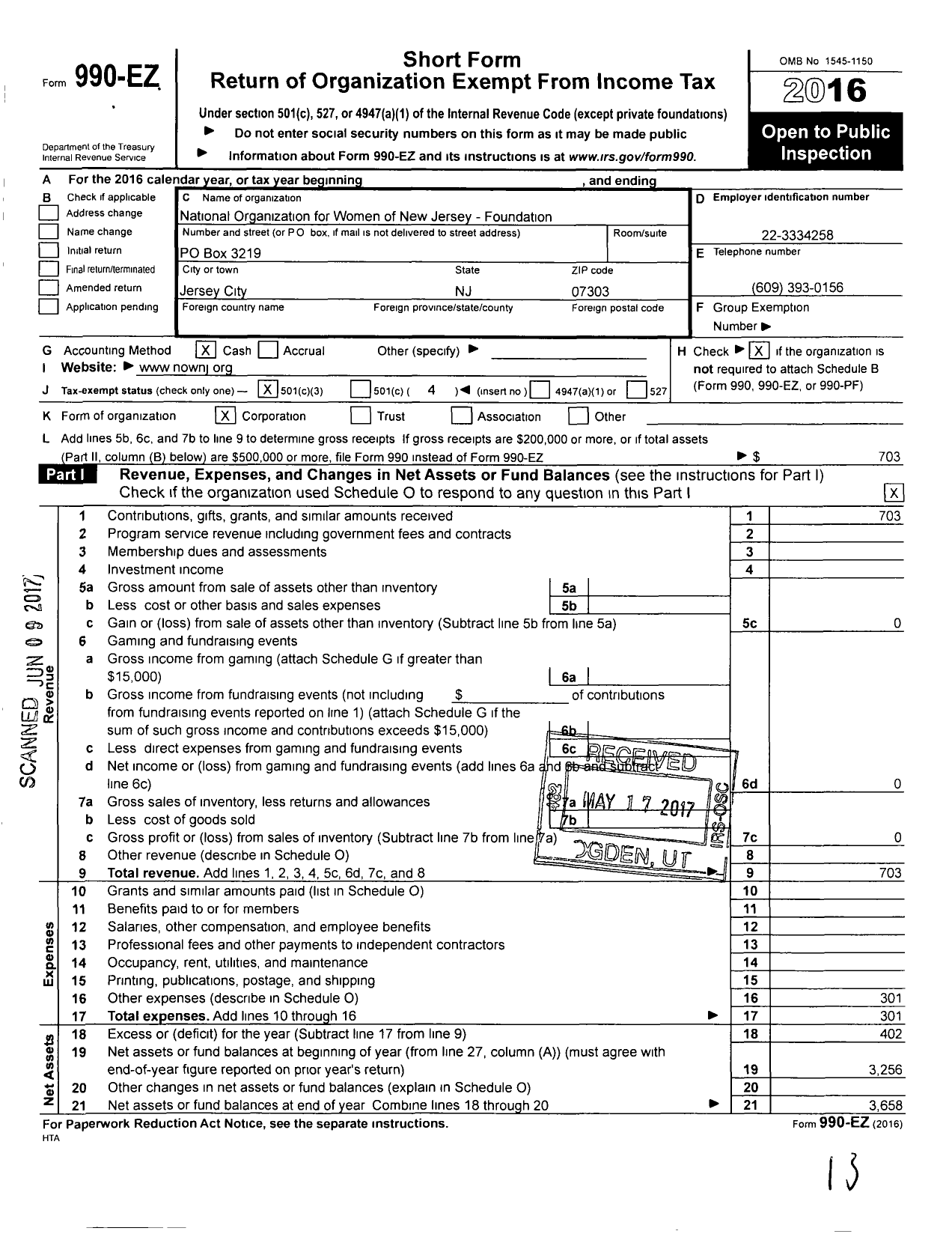 Image of first page of 2016 Form 990EO for National Organization for Women / NJ0000 New Jersey Now