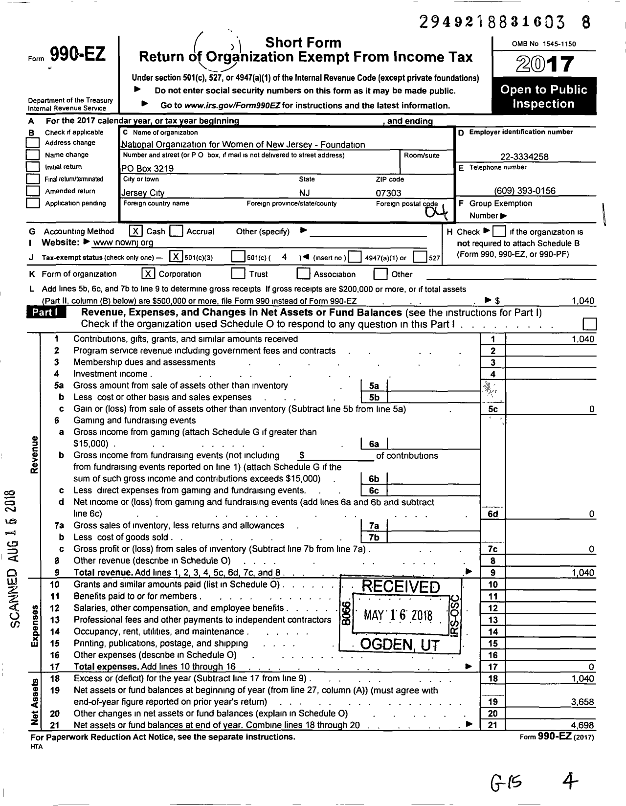 Image of first page of 2017 Form 990EO for National Organization for Women / NJ0000 New Jersey Now