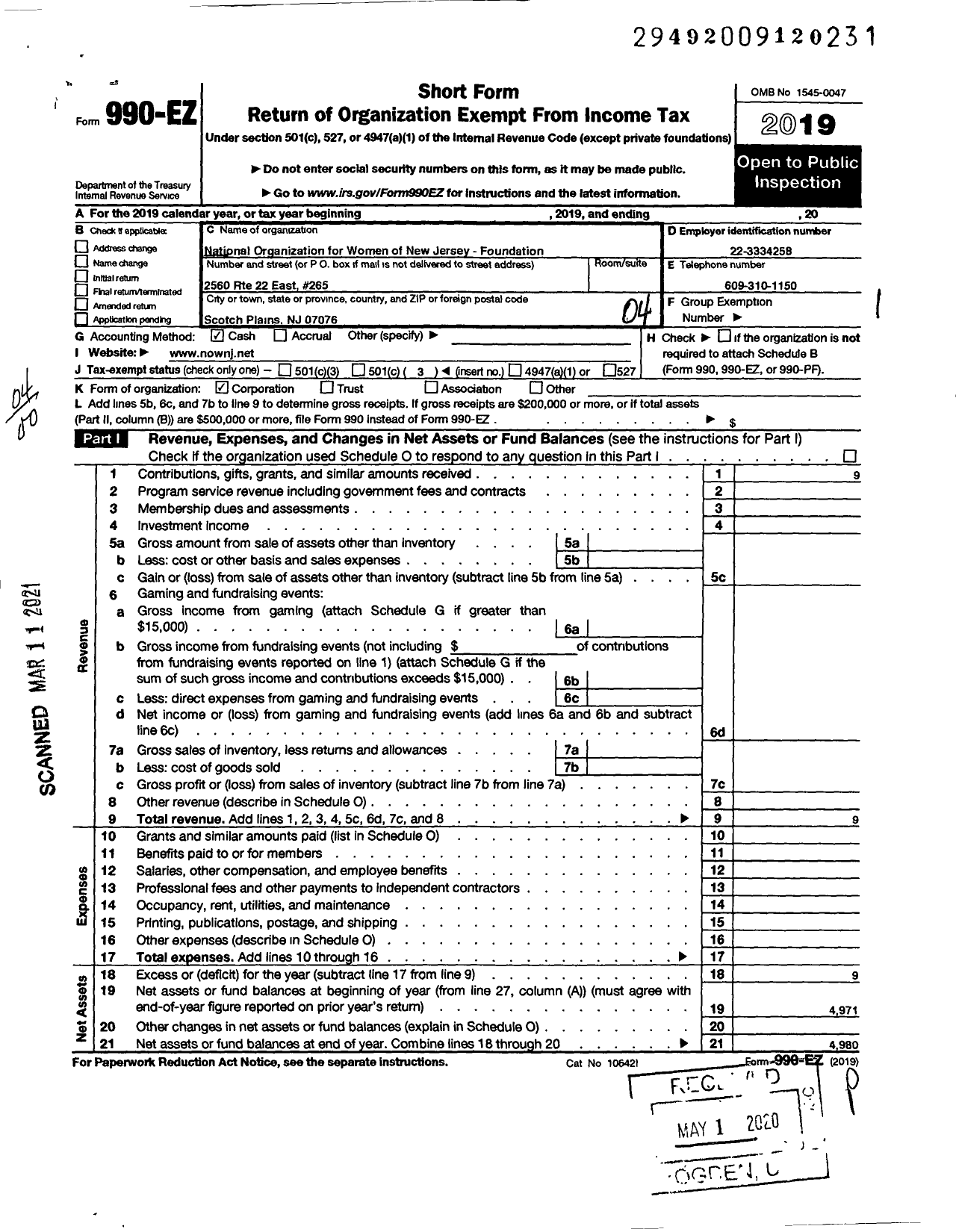 Image of first page of 2019 Form 990EO for National Organization for Women / NJ0000 New Jersey Now