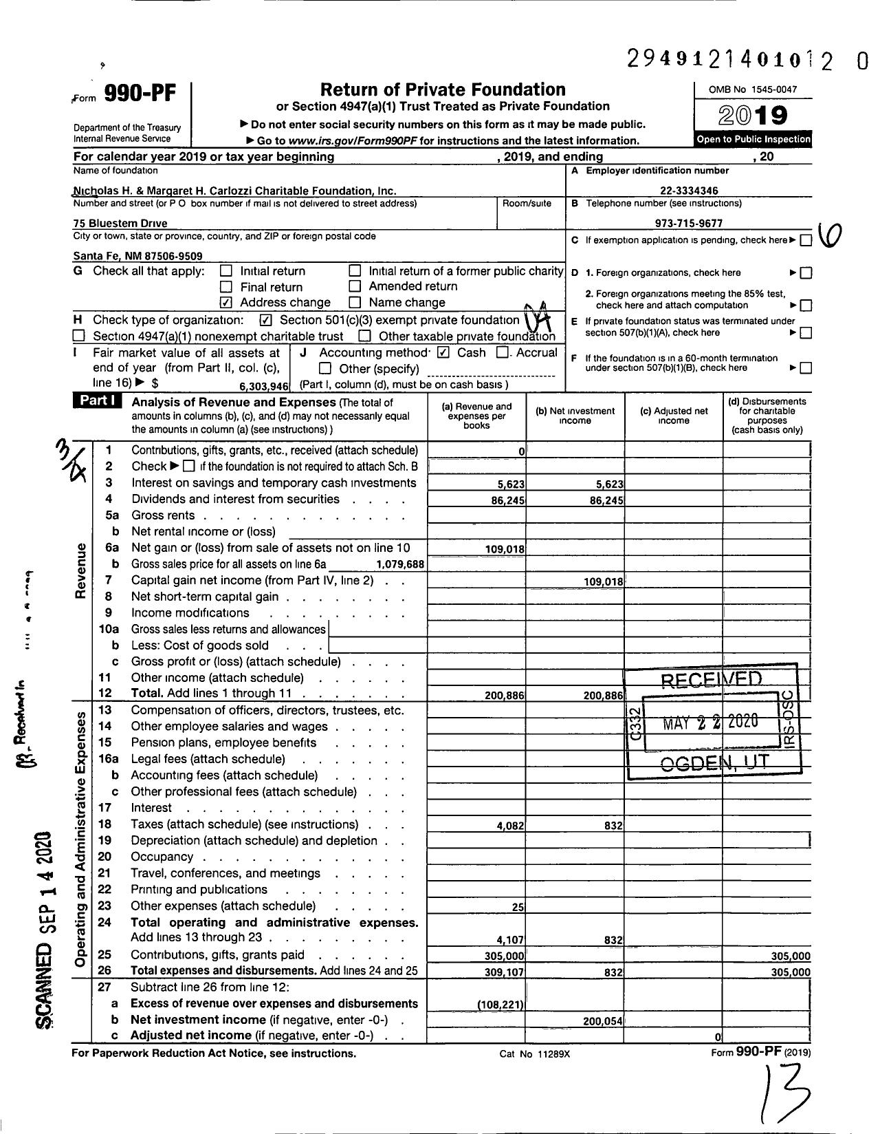 Image of first page of 2019 Form 990PR for Nicholas H and Margaret H Carlozzi Charitable Foundation