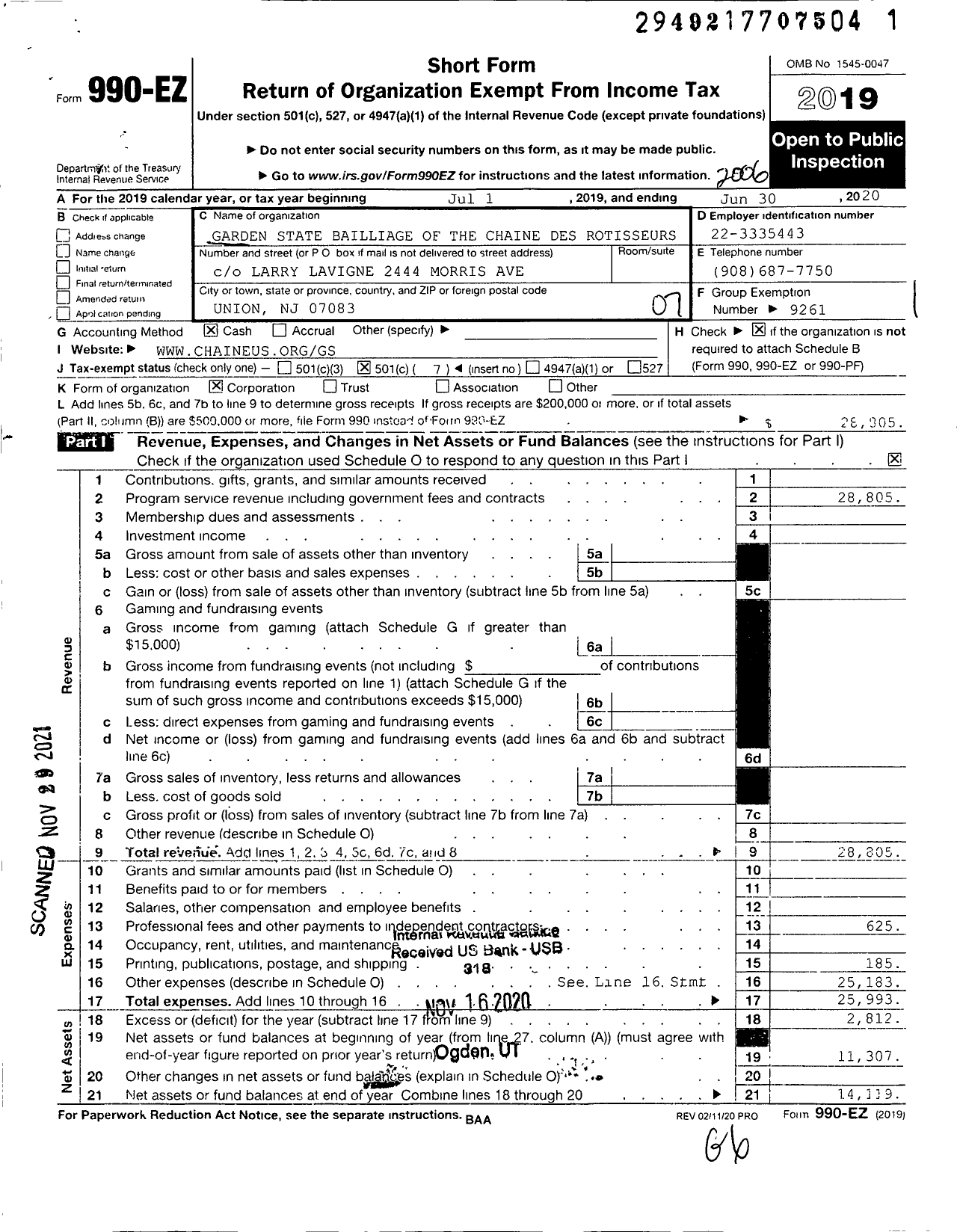 Image of first page of 2019 Form 990EO for Garden State Bailliage of the Chaine Des Rotisseurs