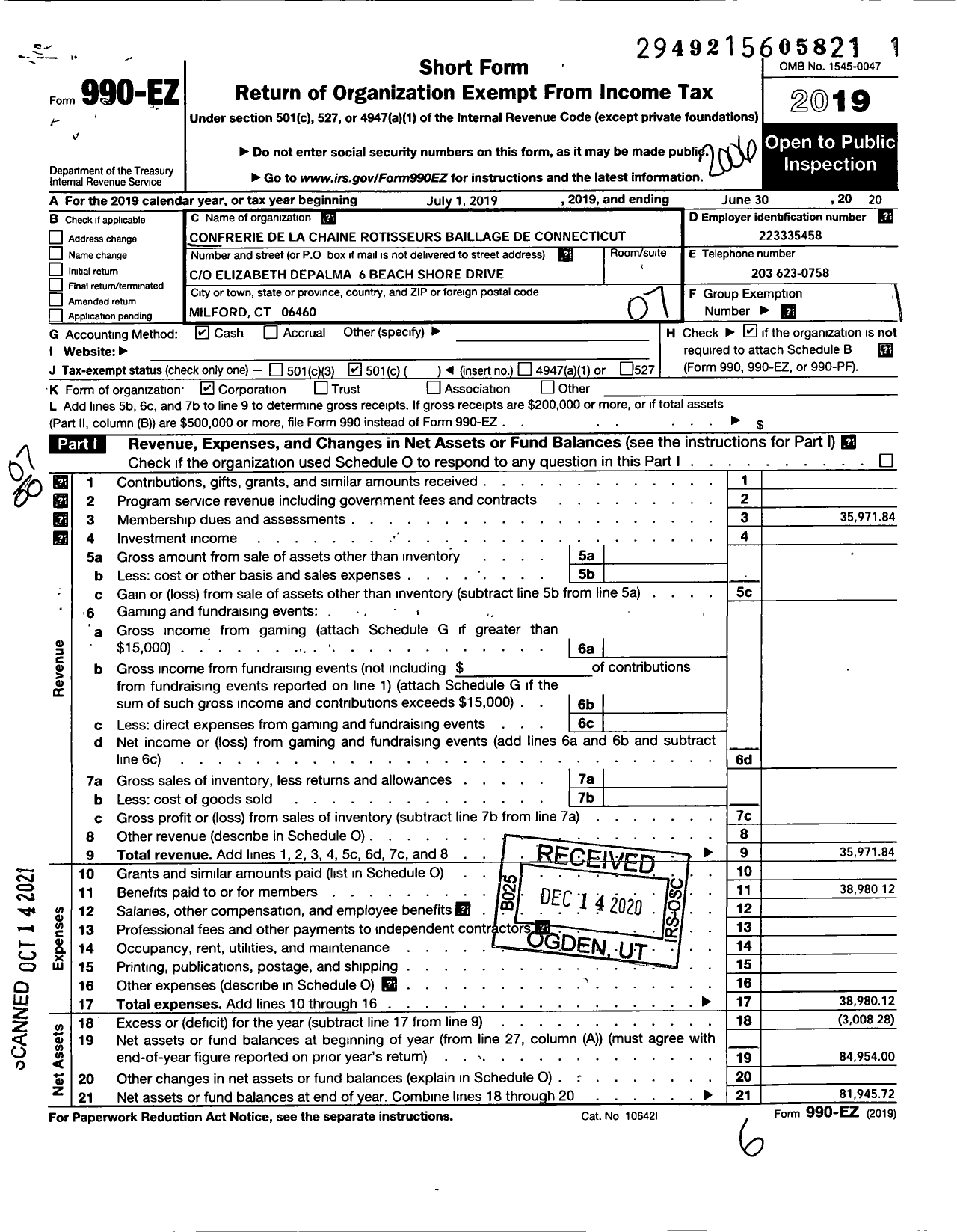 Image of first page of 2019 Form 990EO for Confrefie de La Chaine Rotisseurs Baillage de Connecticut