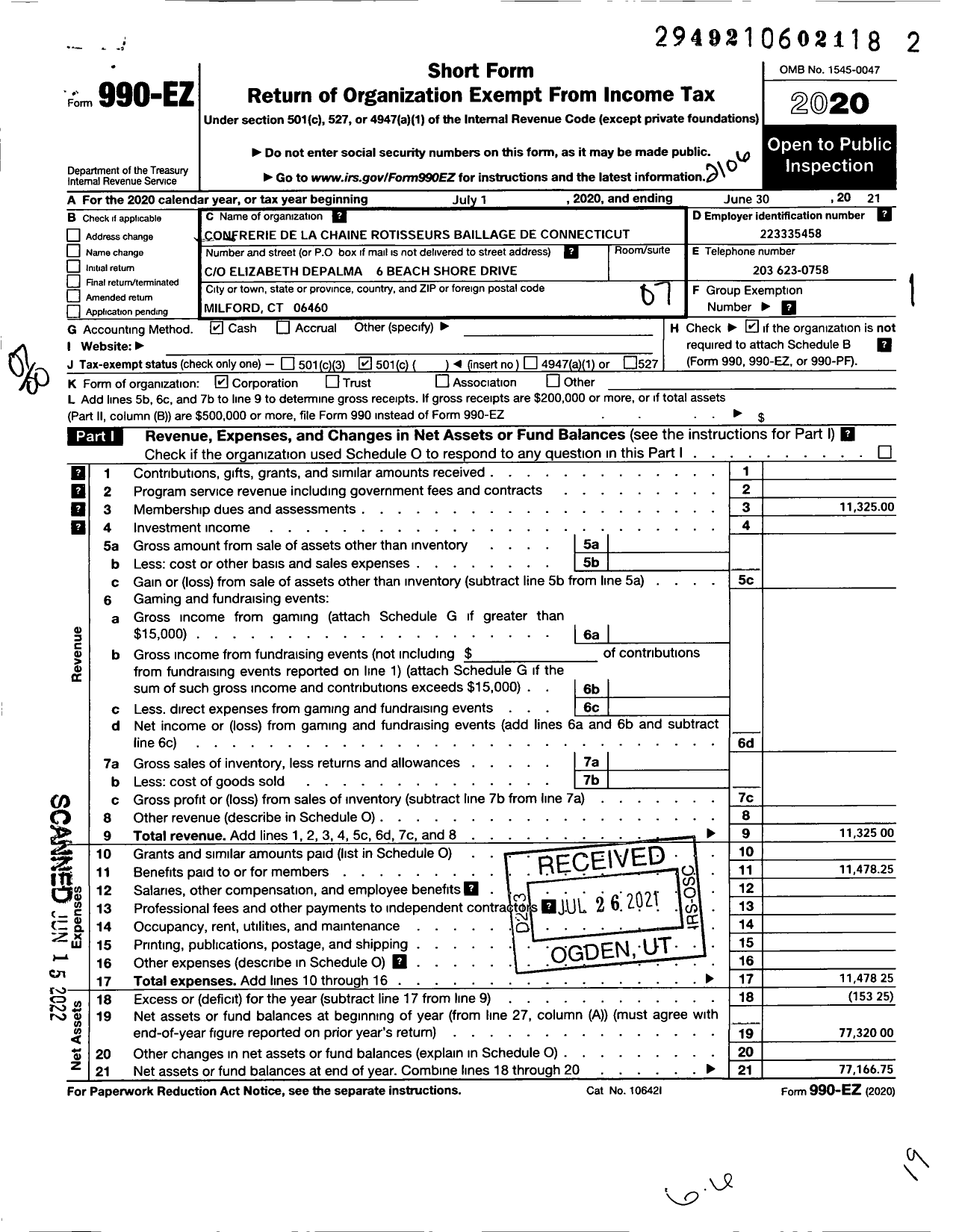 Image of first page of 2020 Form 990EO for Confrefie de La Chaine Rotisseurs Baillage de Connecticut