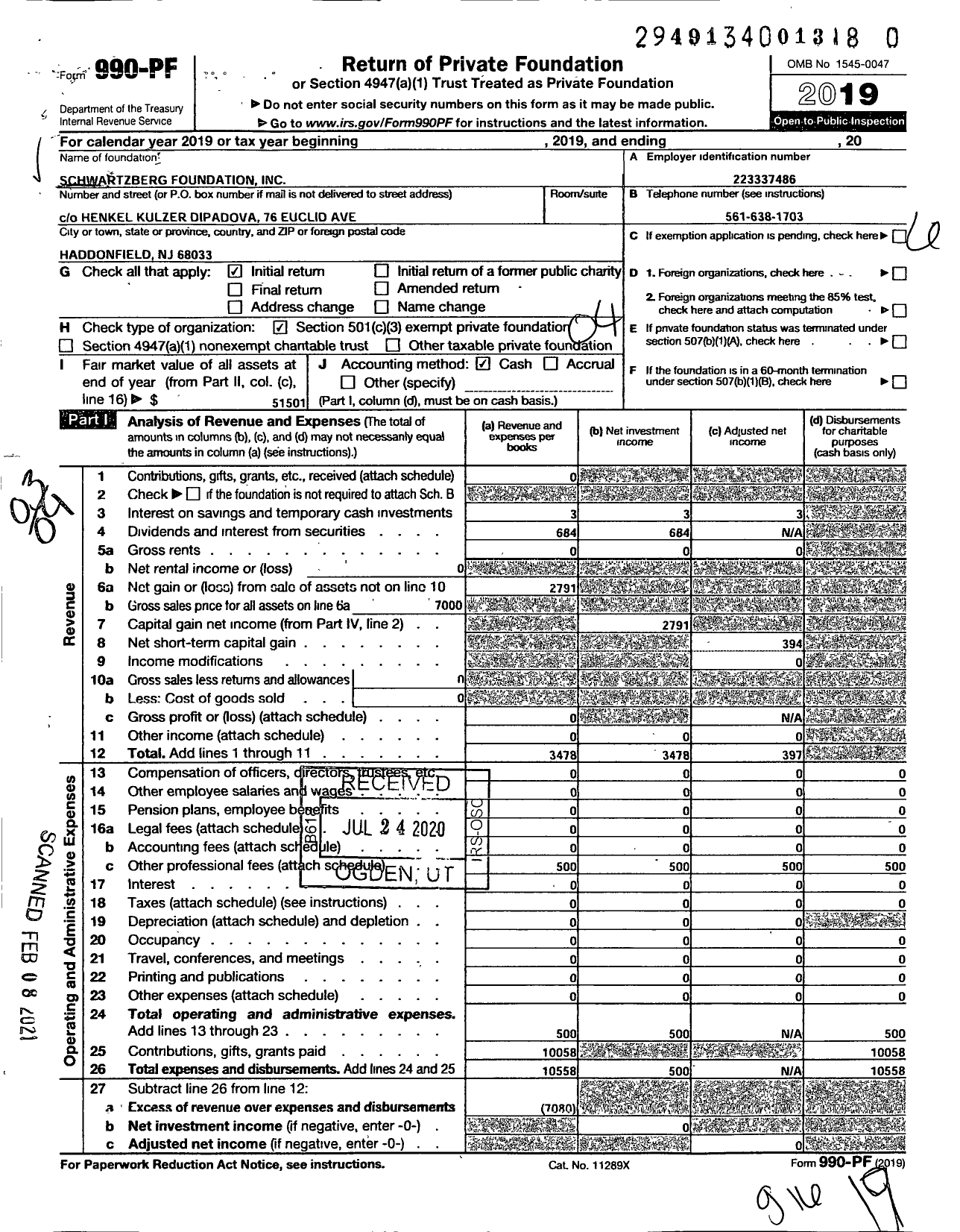 Image of first page of 2019 Form 990PF for Schwartzberg Foundation