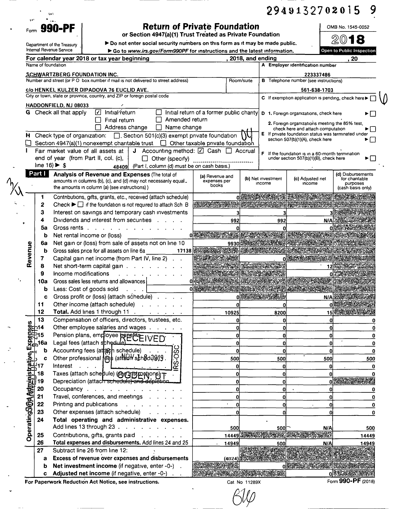 Image of first page of 2018 Form 990PF for Schwartzberg Foundation