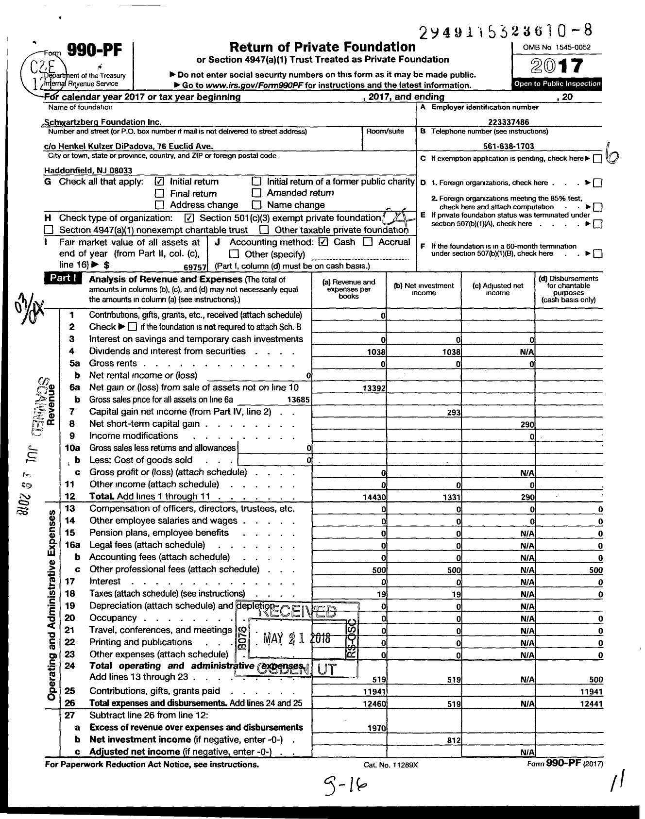 Image of first page of 2017 Form 990PF for Schwartzberg Foundation