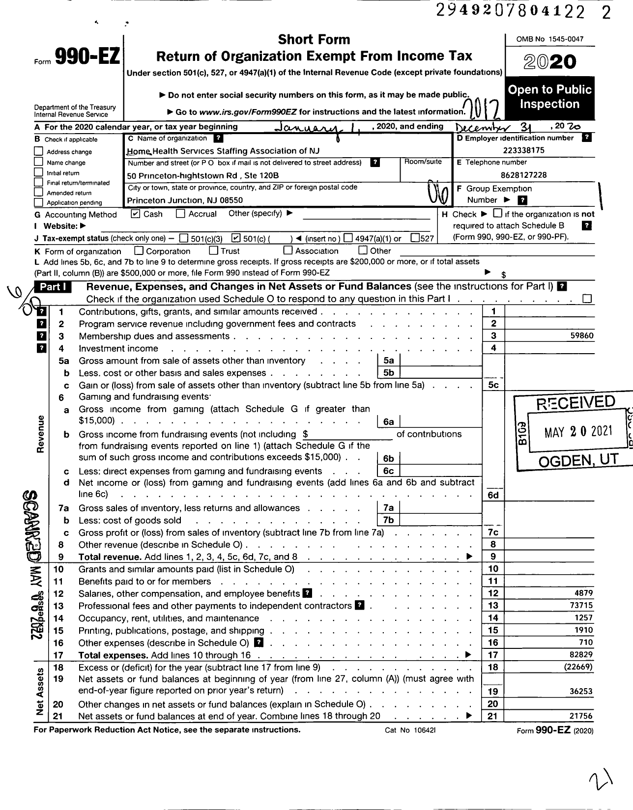 Image of first page of 2020 Form 990EO for Home Health Services Staffing Association of NJ