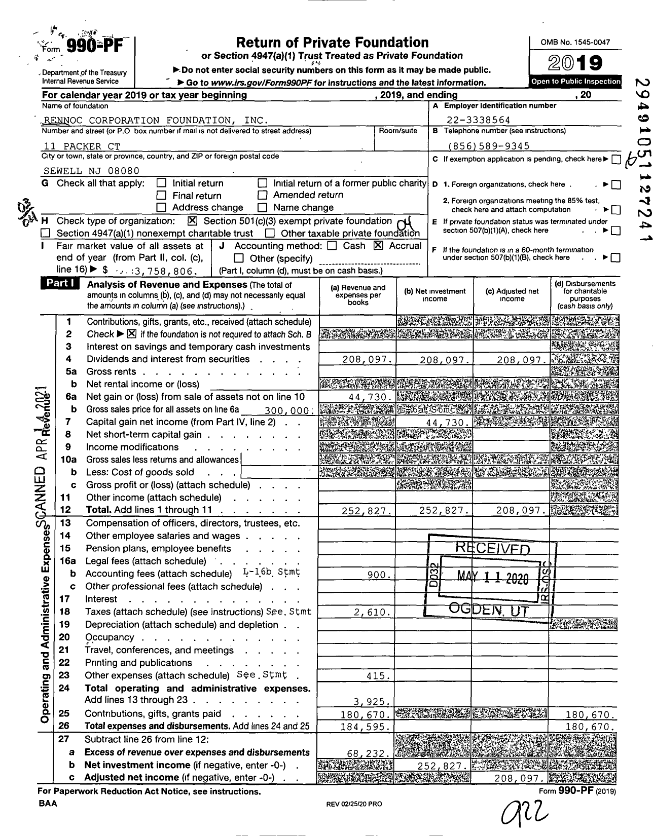 Image of first page of 2019 Form 990PF for Rennoc Corporation Foundation