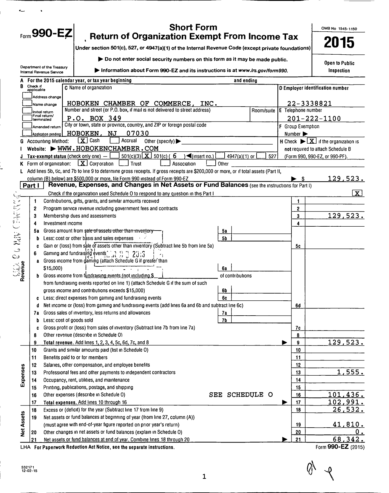 Image of first page of 2015 Form 990EO for Hoboken Chamber of Commerce