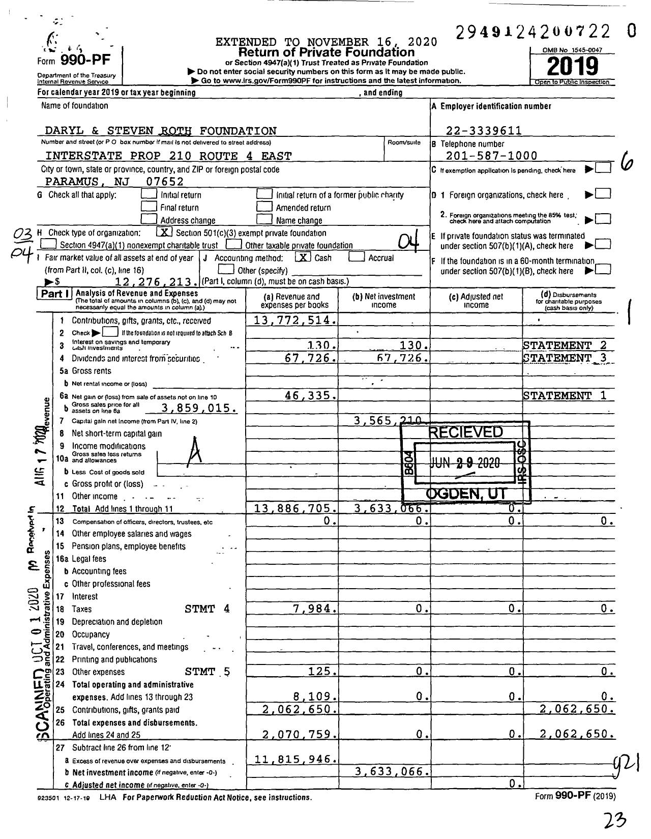 Image of first page of 2019 Form 990PR for Daryl and Steven Roth Foundation