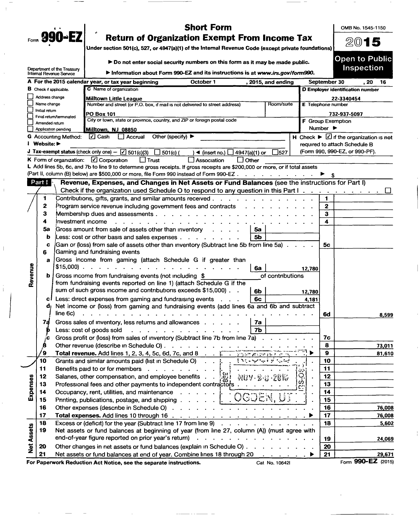 Image of first page of 2015 Form 990EZ for Little League Baseball - 2301006 Milltown LL