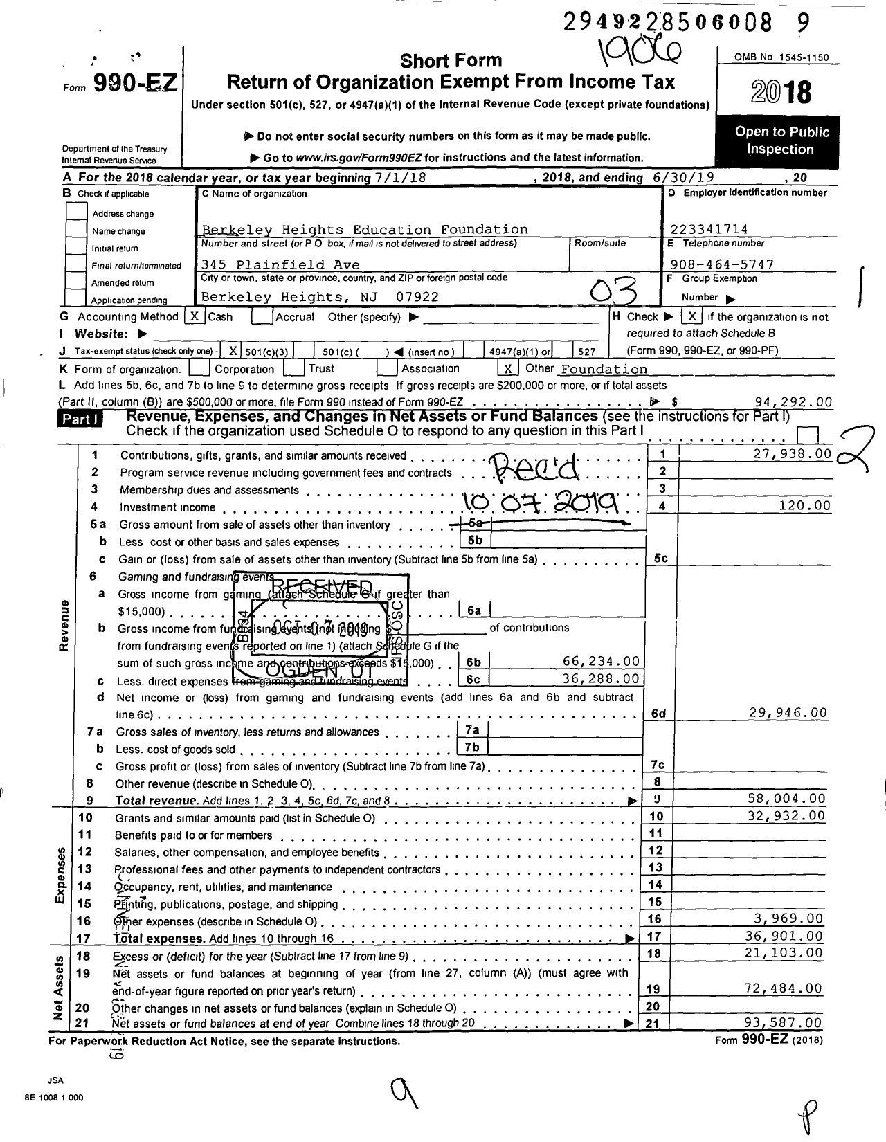 Image of first page of 2018 Form 990EZ for Berkeley Heights Education Foundation