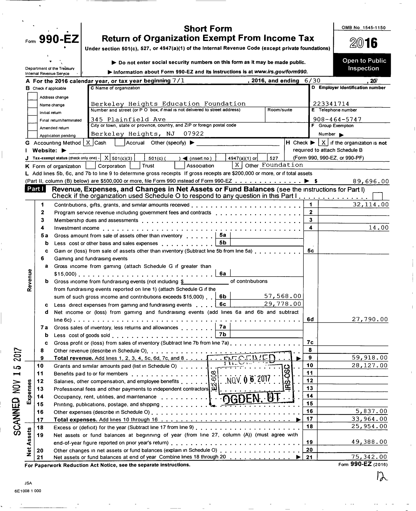 Image of first page of 2016 Form 990EZ for Berkeley Heights Education Foundation