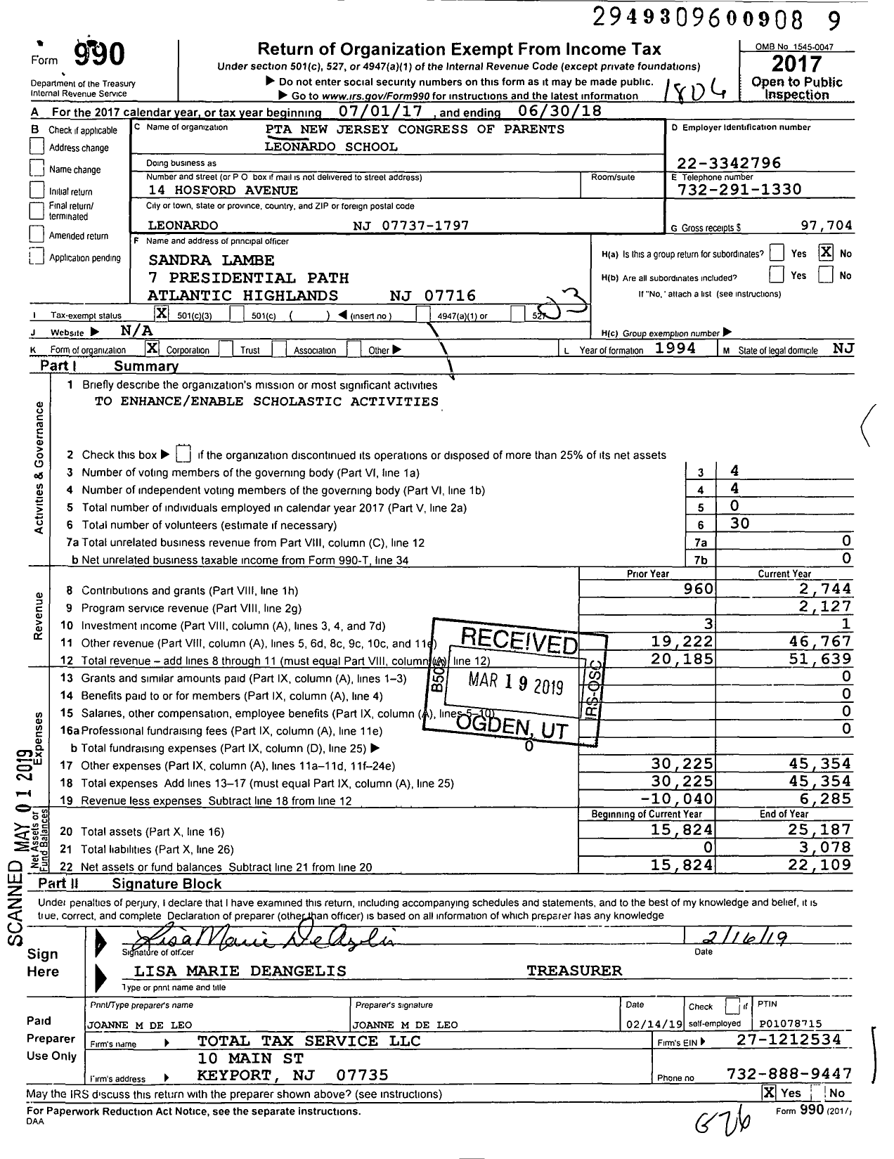 Image of first page of 2017 Form 990 for New Jersey PTA - 18862 Leonardo Grade SCH PTA