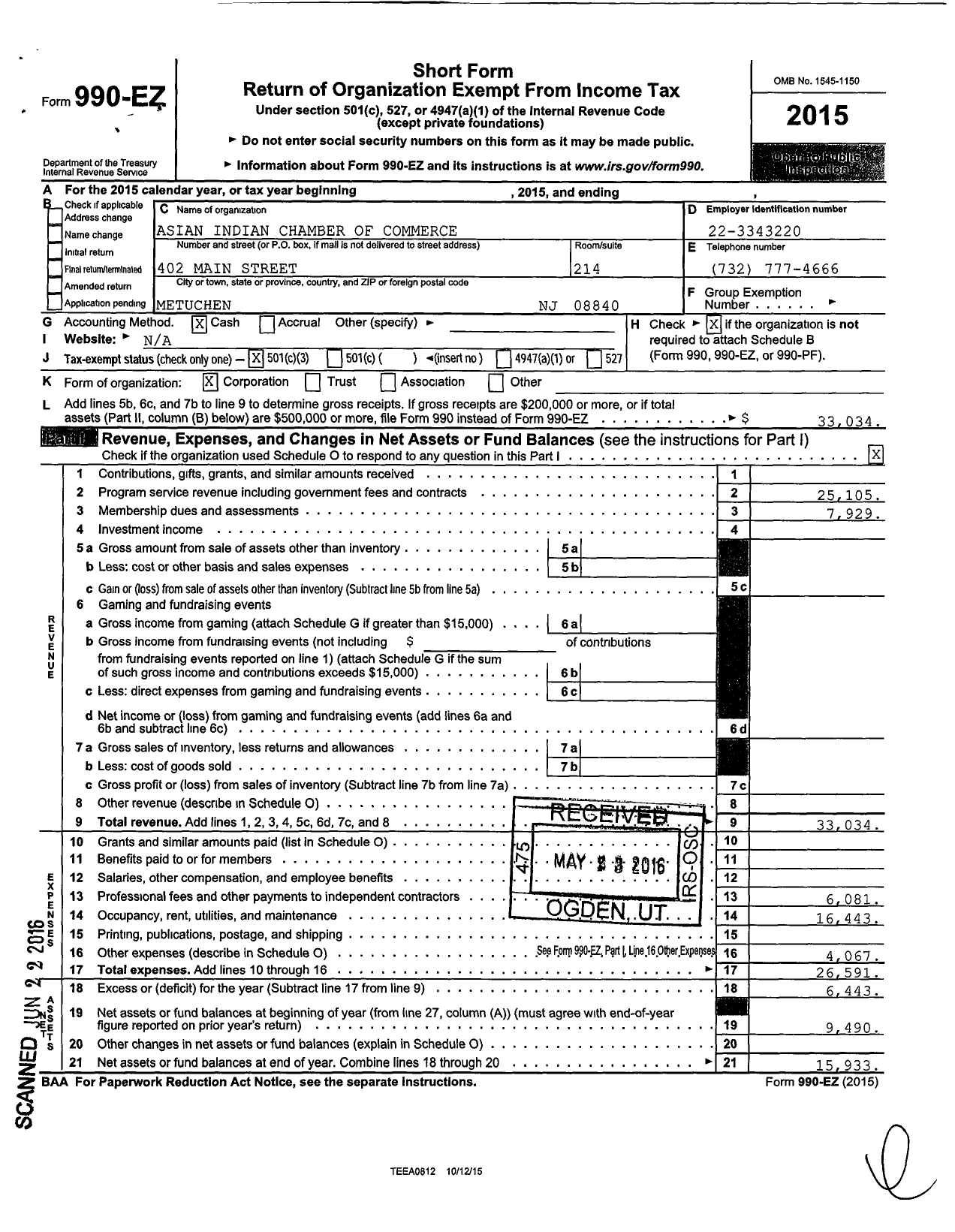 Image of first page of 2015 Form 990EZ for Asian Indian Chamber of Commerce