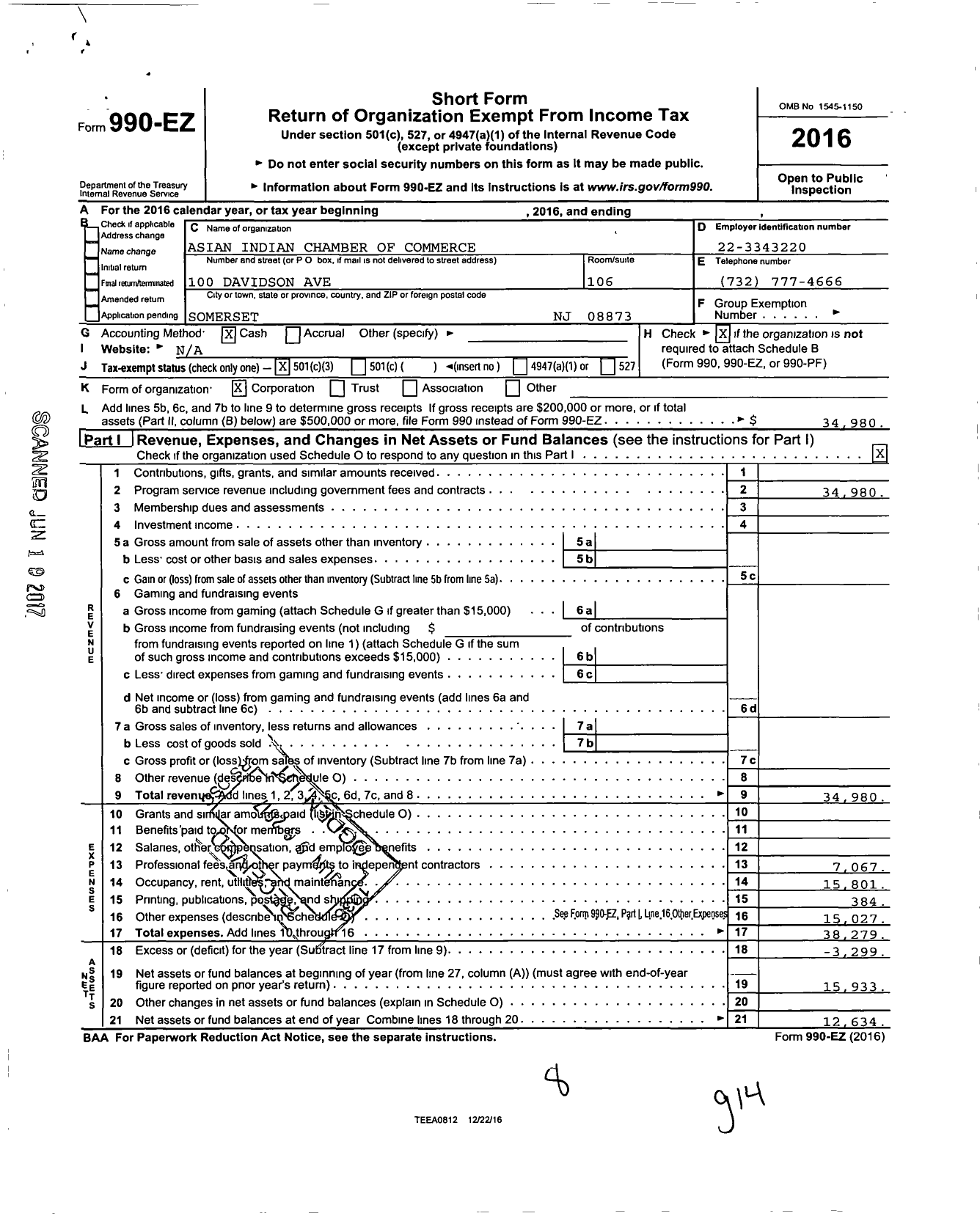 Image of first page of 2016 Form 990EZ for Asian Indian Chamber of Commerce