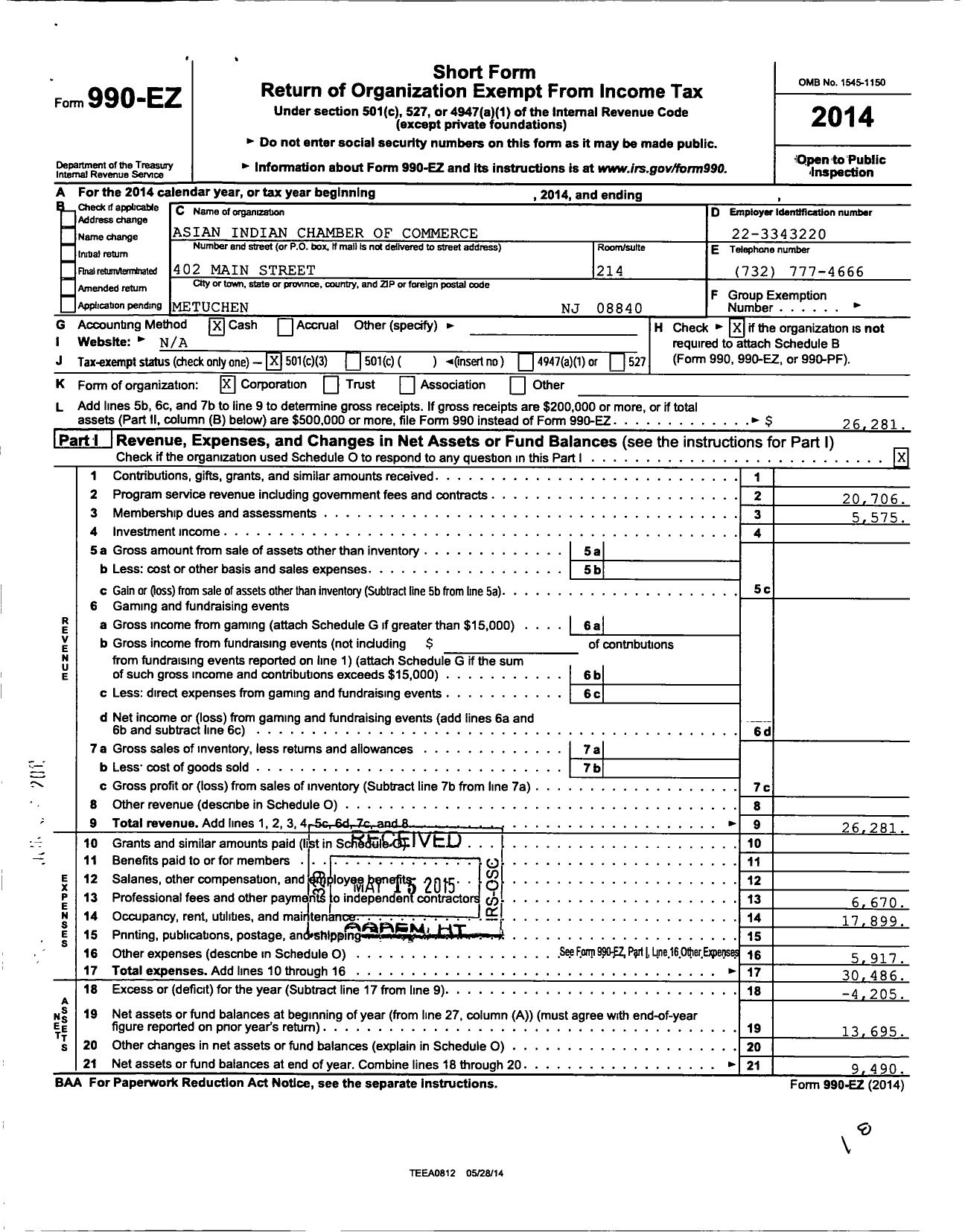 Image of first page of 2014 Form 990EZ for Asian Indian Chamber of Commerce