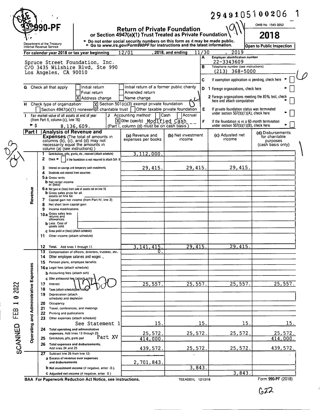 Image of first page of 2018 Form 990PF for Spruce Street Foundation