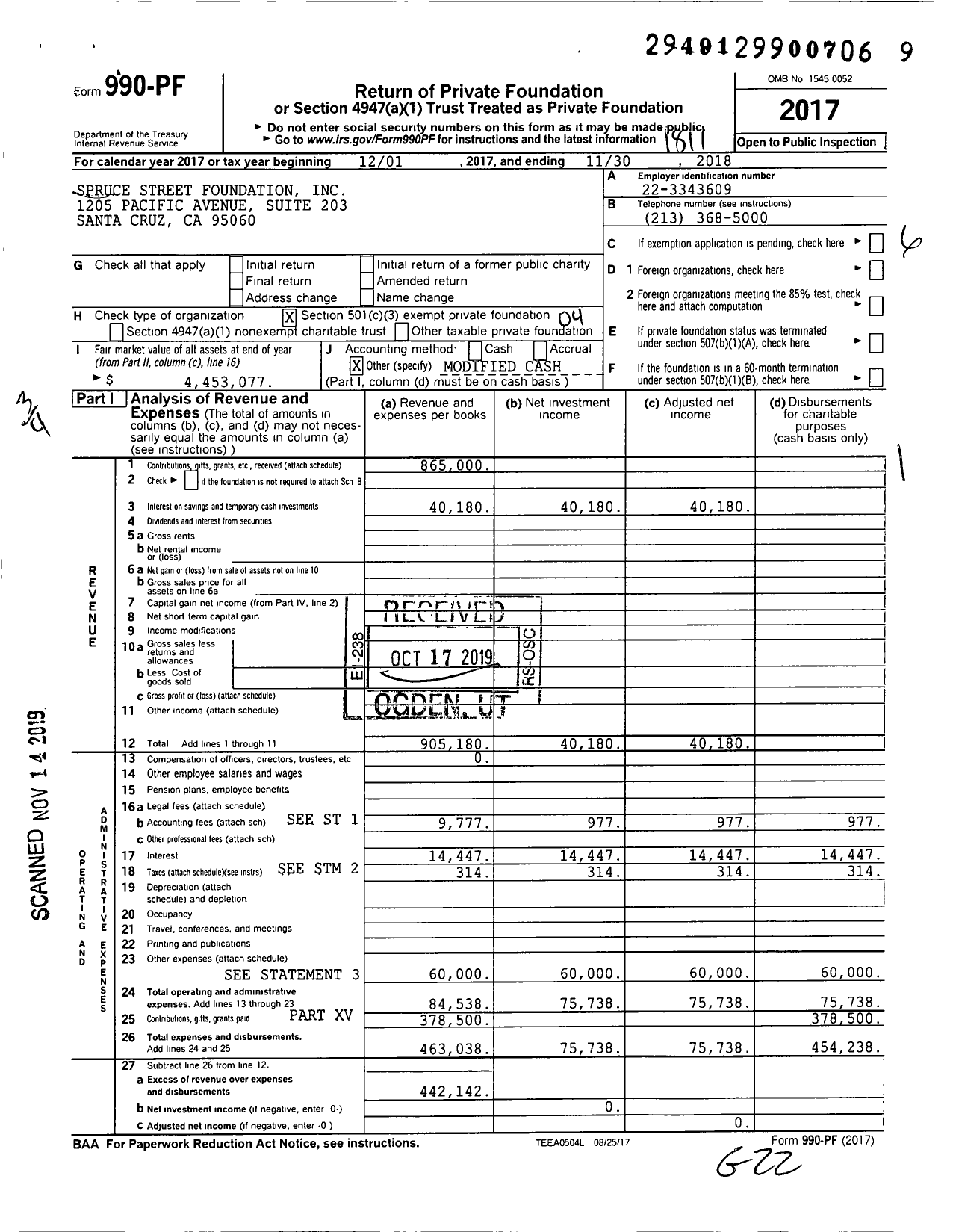 Image of first page of 2017 Form 990PF for Spruce Street Foundation