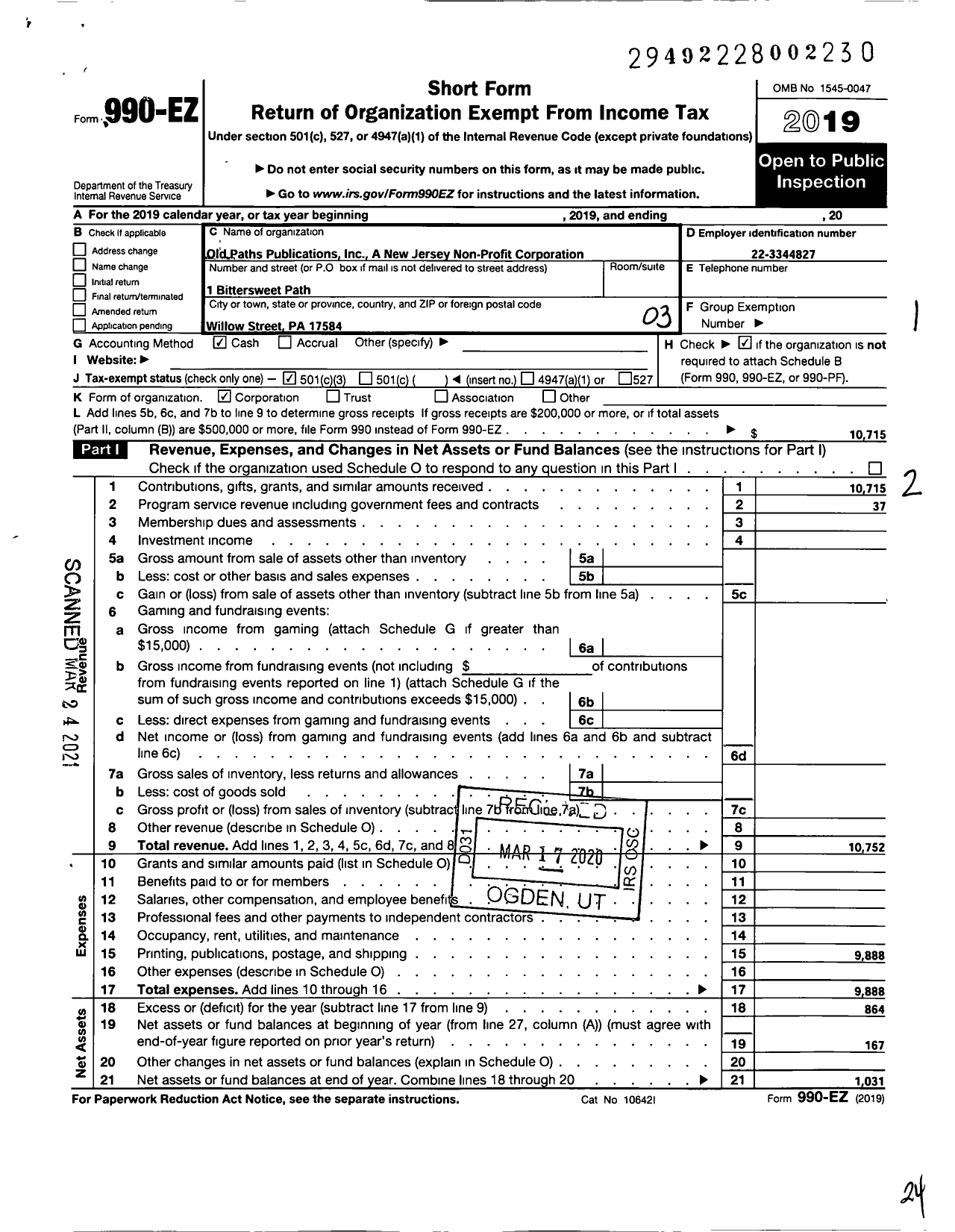 Image of first page of 2019 Form 990EZ for Old Paths Publications A New Jersey Non-Profit Corporation