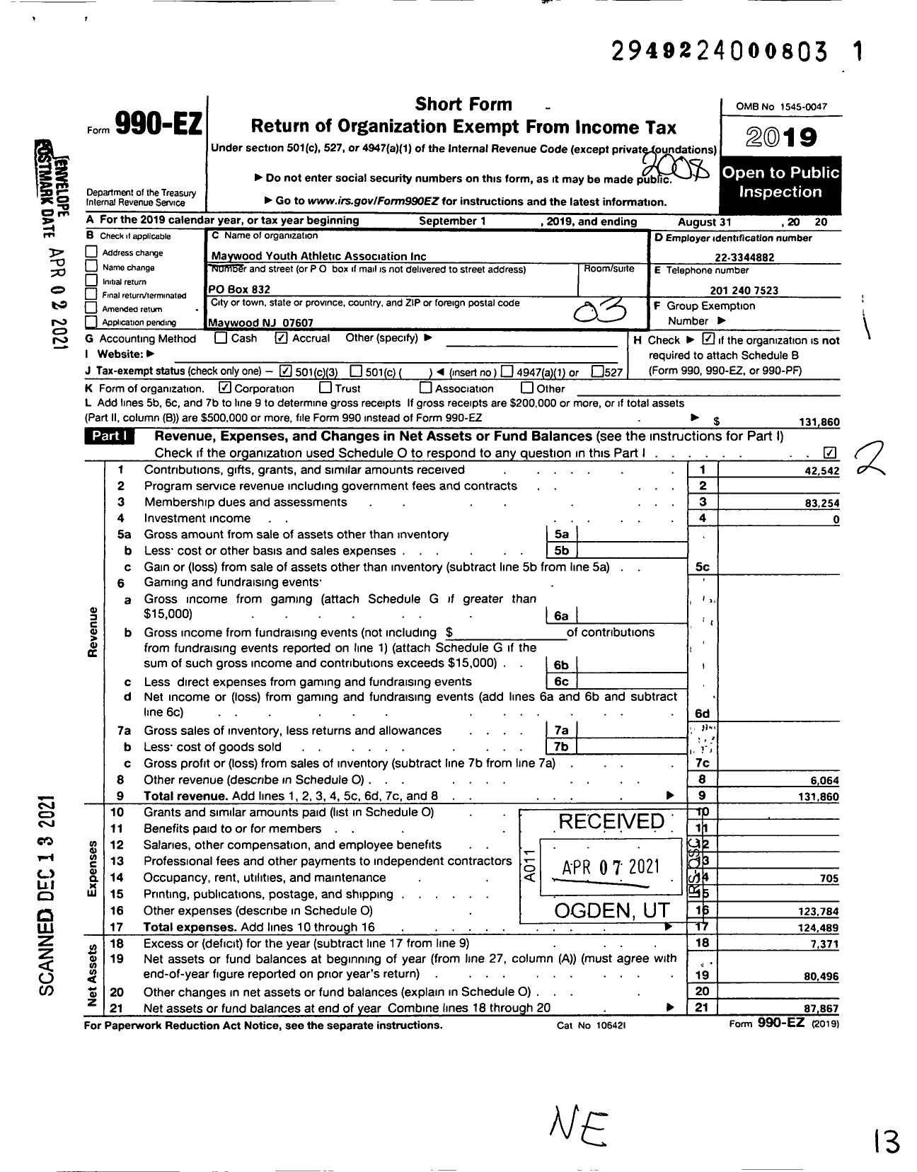 Image of first page of 2019 Form 990EZ for Maywood Youth Athletic Association