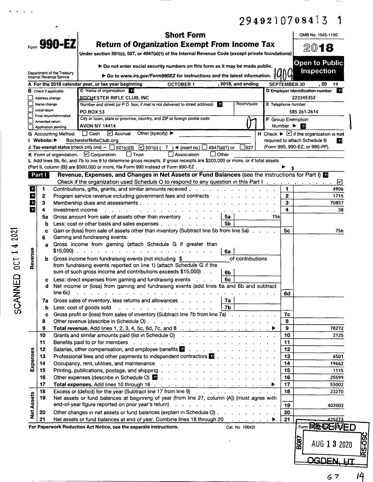 Image of first page of 2018 Form 990EO for Rochester Rifle Club