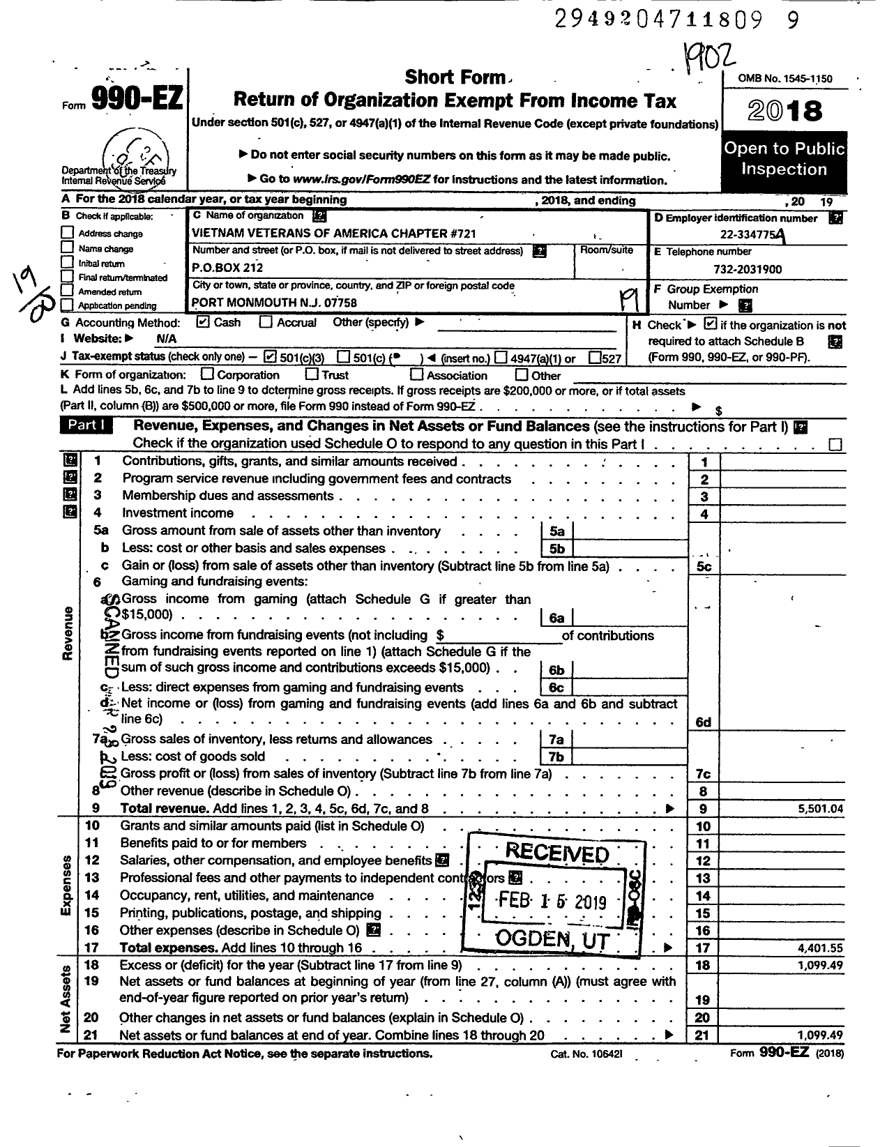 Image of first page of 2018 Form 990EO for Vietnam Veterans of America - 721 Chapter