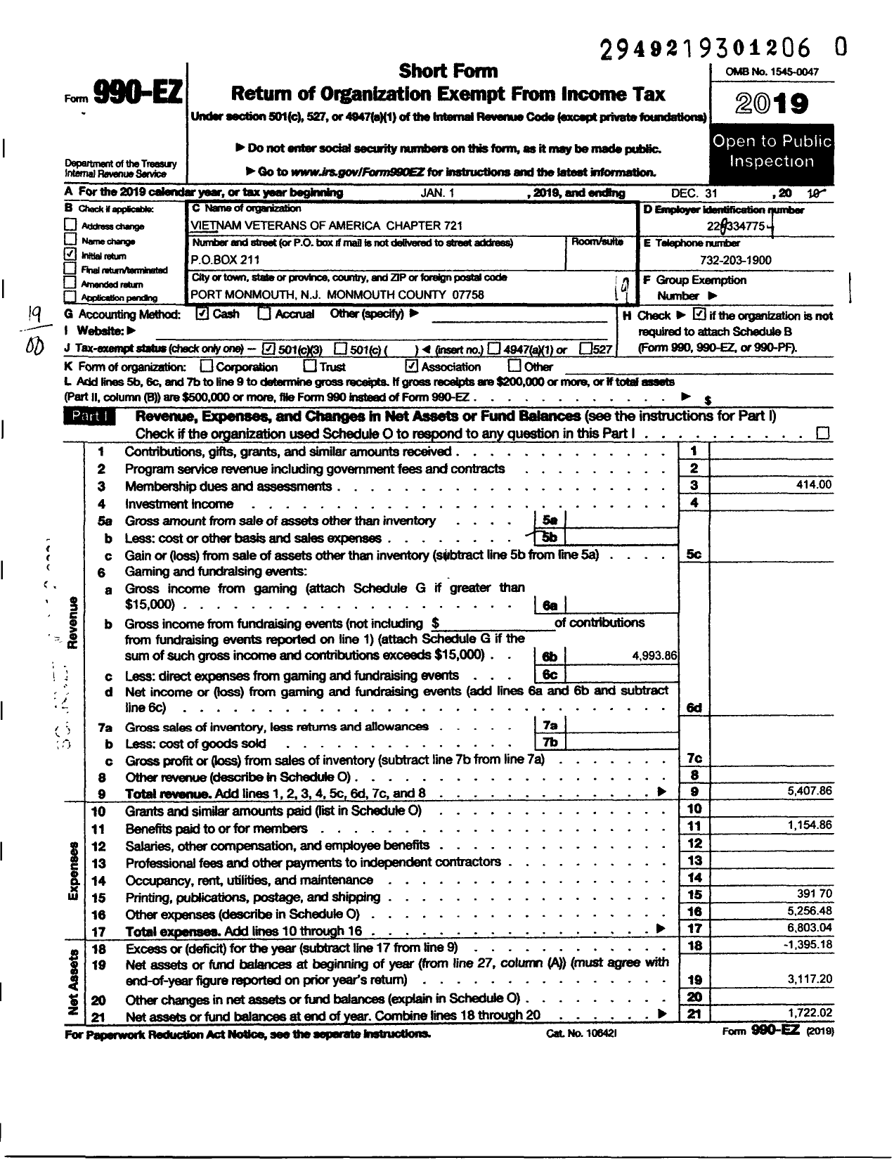 Image of first page of 2019 Form 990EO for Vietnam Veterans of America - 721 Chapter