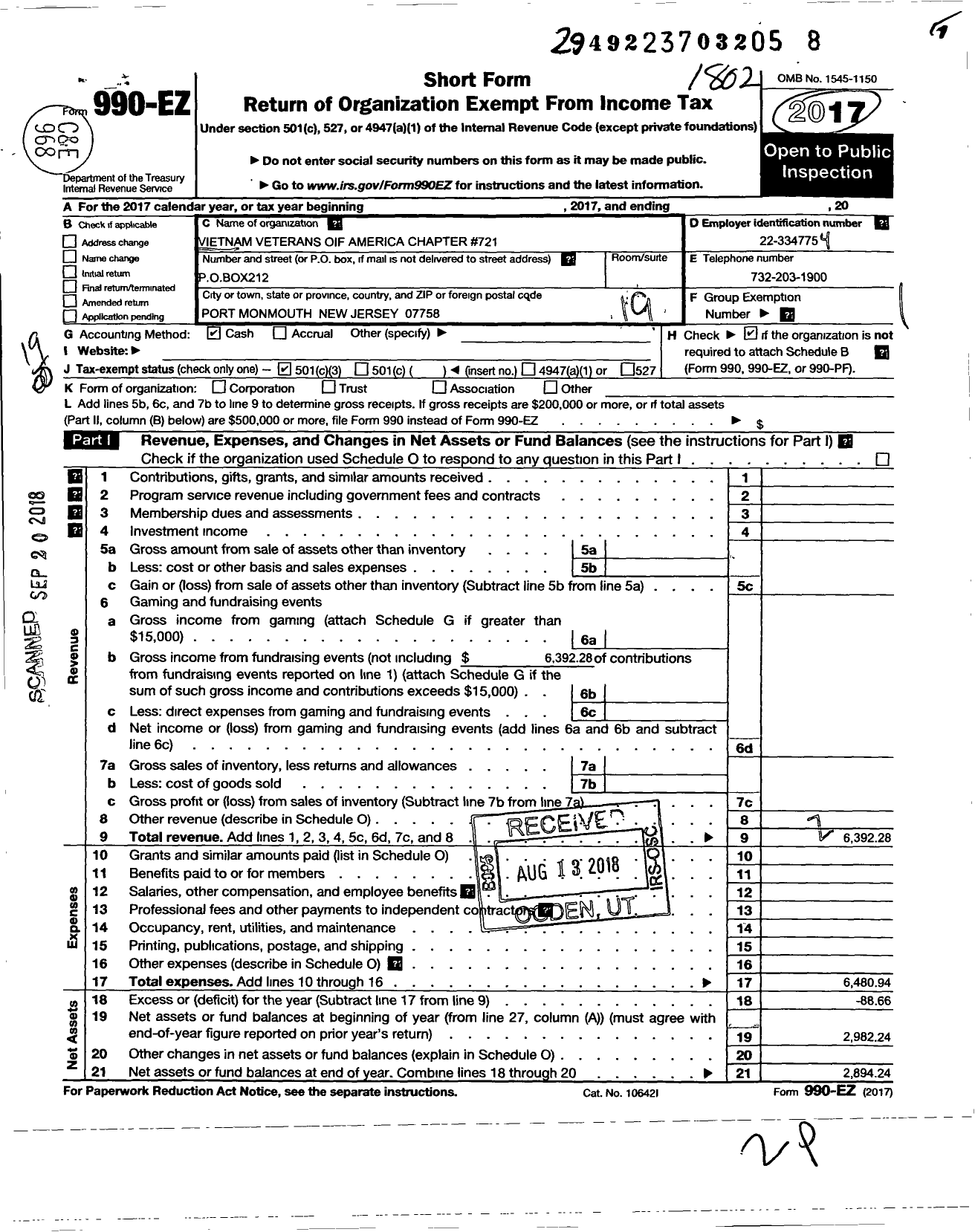 Image of first page of 2017 Form 990EO for Vietnam Veterans of America - 721 Chapter